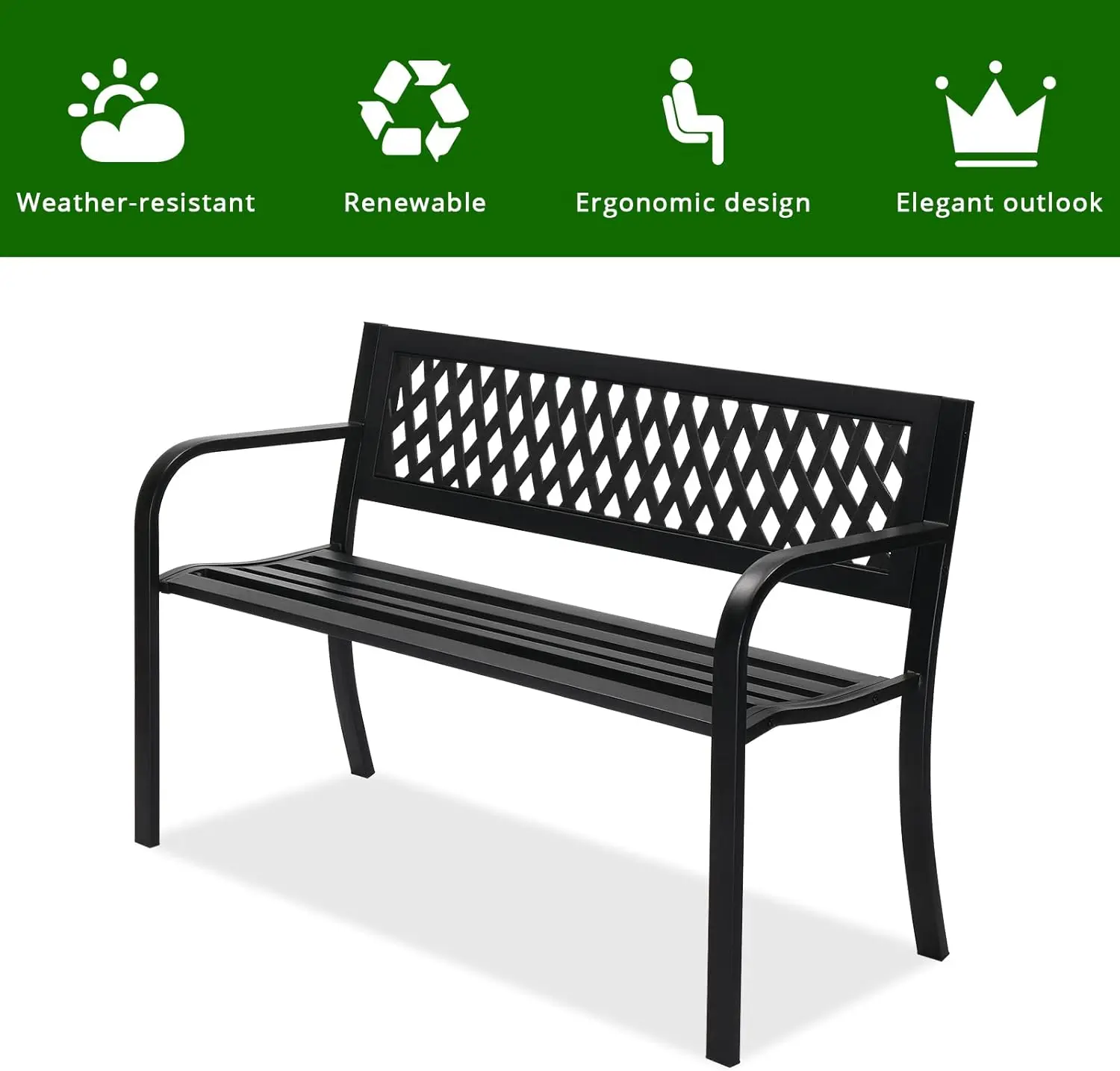 Outdoor Bench Porch Patio Metal Garden w/PVC Back, Steel Black Outdoor Park for Yard Lawn Decor