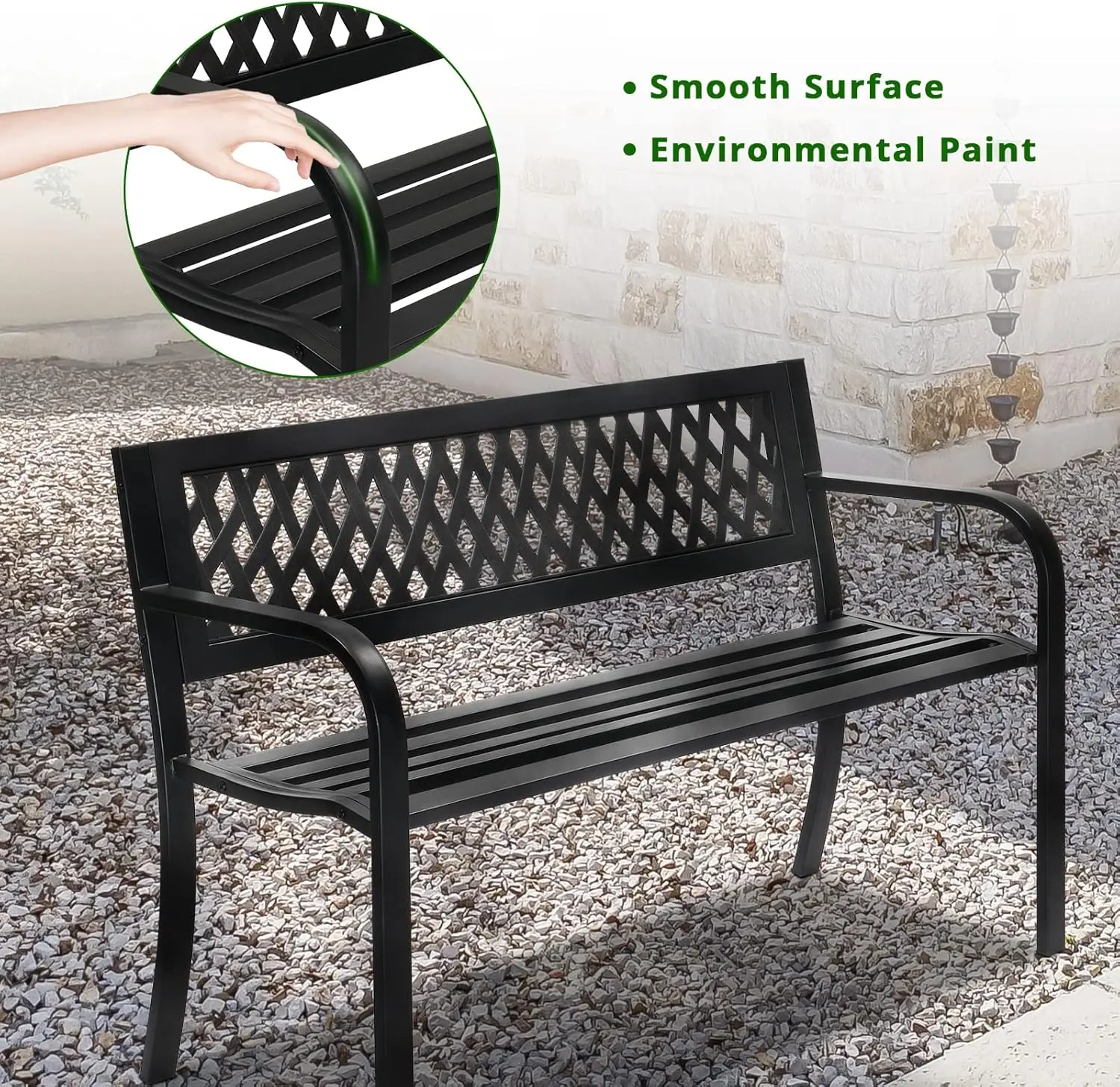 Outdoor Bench Porch Patio Metal Garden w/PVC Back, Steel Black Outdoor Park for Yard Lawn Decor