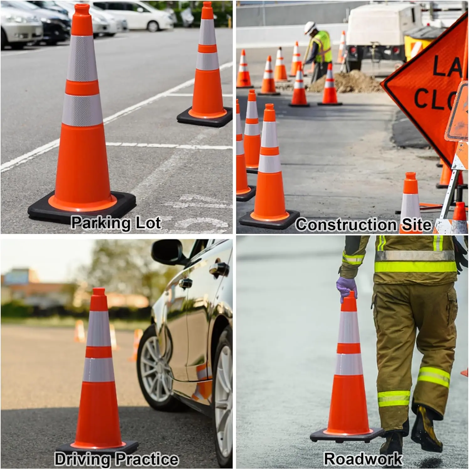 4 Pack 28" Orange Traffic Cones, PVC Parking Construction Safety Cones w/Reflective Collars Heavy Duty Rubber Base