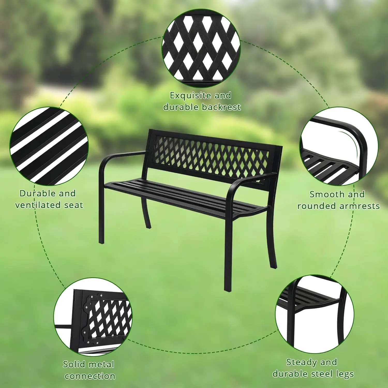 Outdoor Bench Porch Patio Metal Garden w/PVC Back, Steel Black Outdoor Park for Yard Lawn Decor