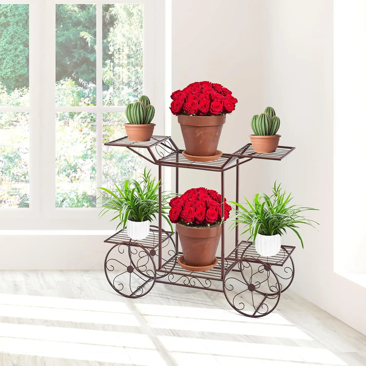 Garden Cart Stand & Flower Pot Plant Holder Display Rack, 6 Tiers, Parisian Style - Perfect for Home, Garden, Patio (Bronze)