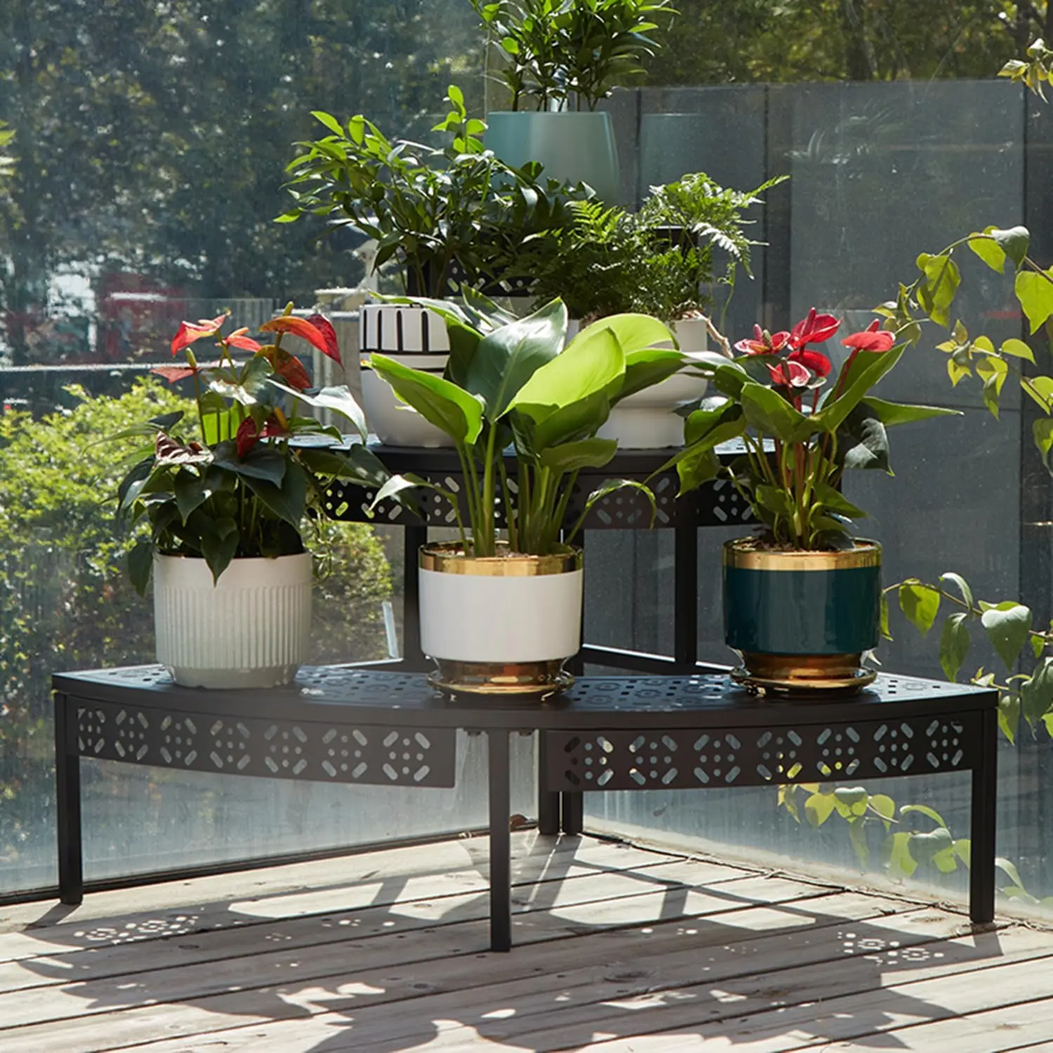 3 Tier Metal Plant Stand,Rectangle or Round Decorative Flower Step,Garden Shelf Flower Pot Holder Storage Organizer Rack