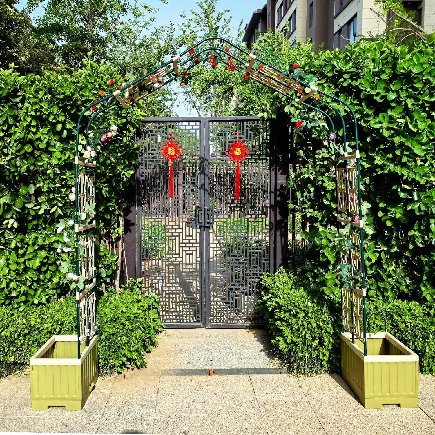82.7x72.5 Inch Multifunctional Planter Boxes Outdoor with Arch Trellis，2Pcs Planter Boxes with Self Watering