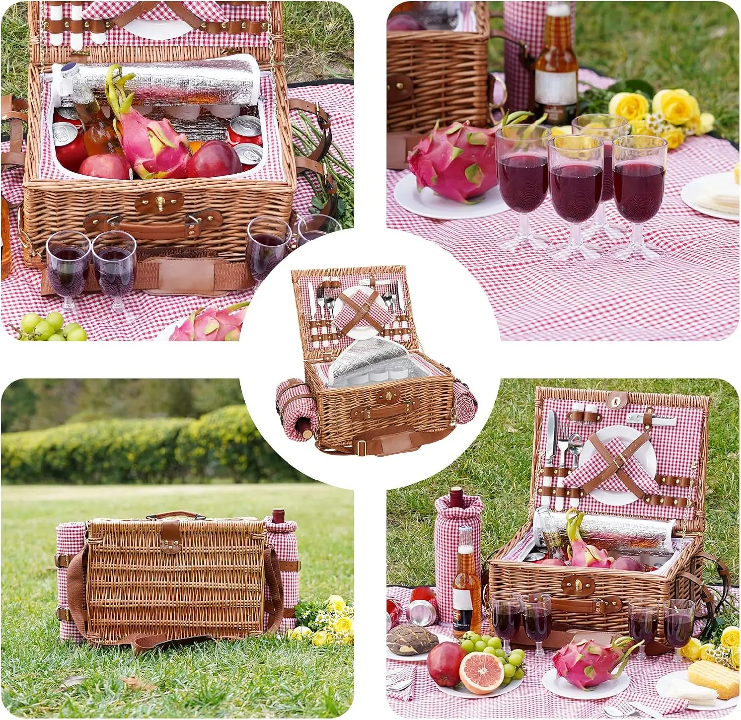 Picnic Basket for 4, Insulated Willow Baskets with Shoulder Strap, Hamper with Waterproof Blanket