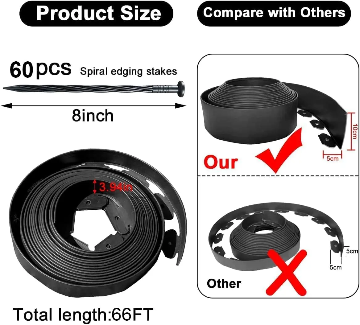 Flexible Garden Edging Borders 66FT,Landscape Edging Black[Extra Tall 4IN High] with 60pcs Stakes, No Dig Garden Border Lawn