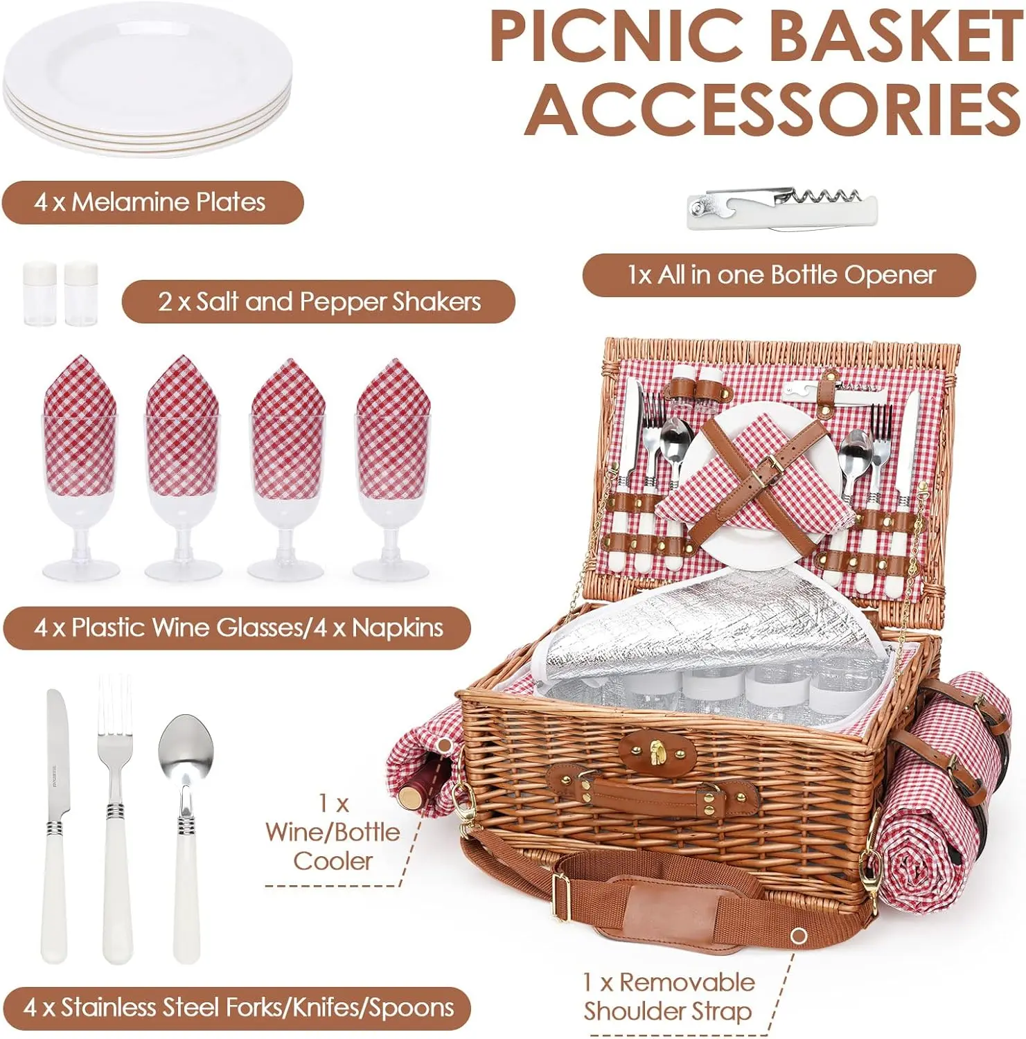 Picnic Basket for 4, Insulated Willow Baskets with Shoulder Strap, Hamper with Waterproof Blanket