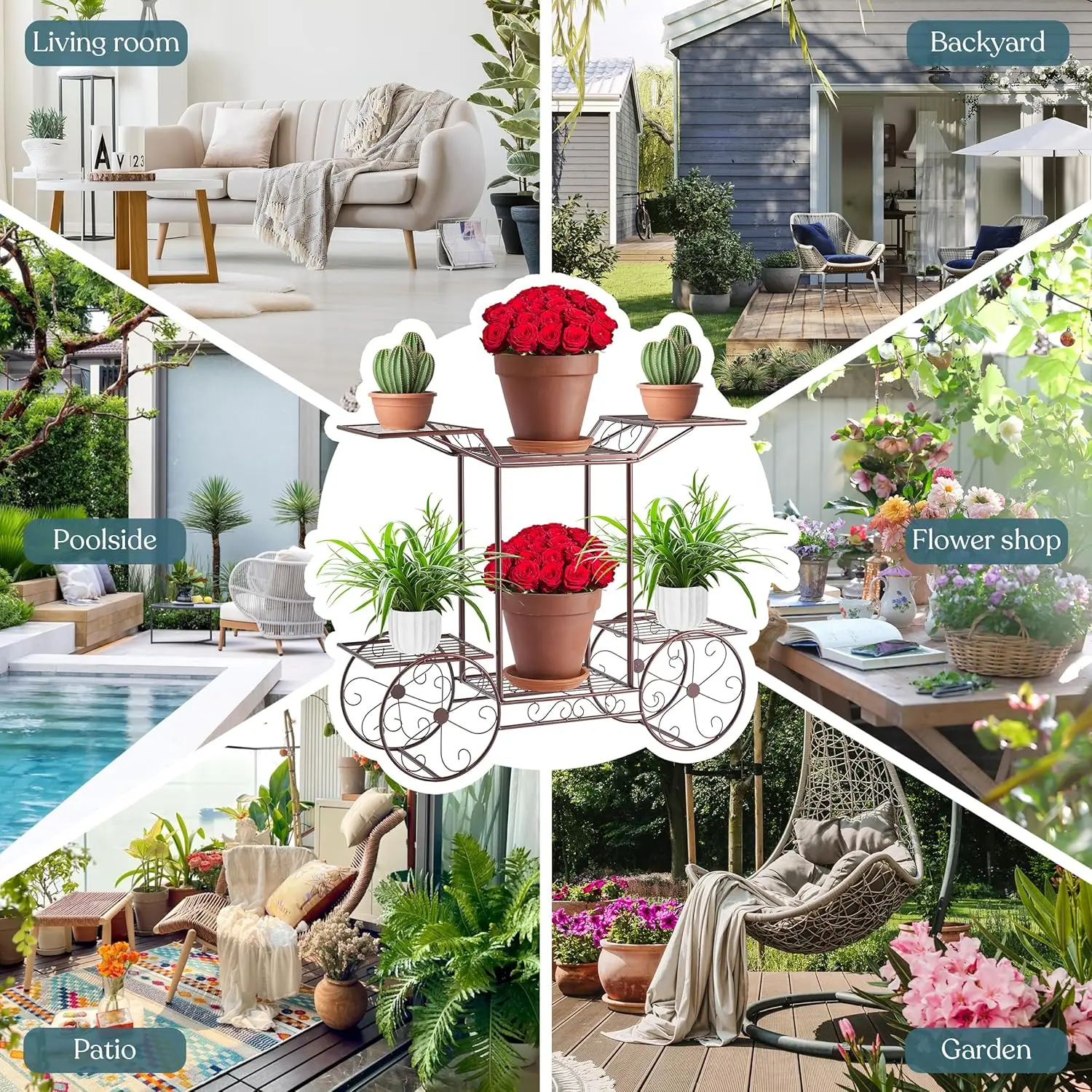 Garden Cart Stand & Flower Pot Plant Holder Display Rack, 6 Tiers, Parisian Style - Perfect for Home, Garden, Patio (Bronze)