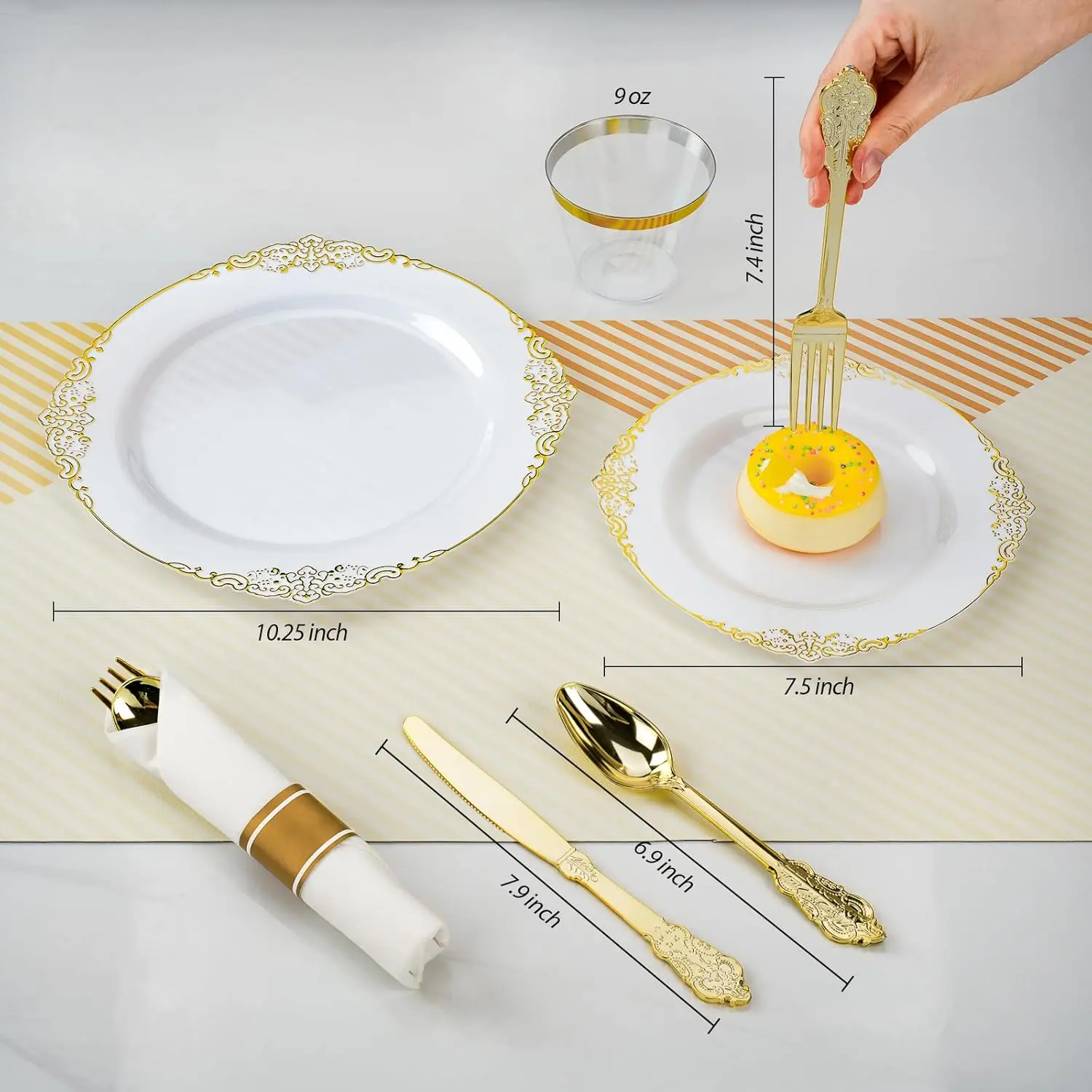 350PCS Gold Plastic Plates for 50 Guests, Disposable Dinnerware Sets Include 100 Gold Rim Plastic Plates, 50 Silverwares