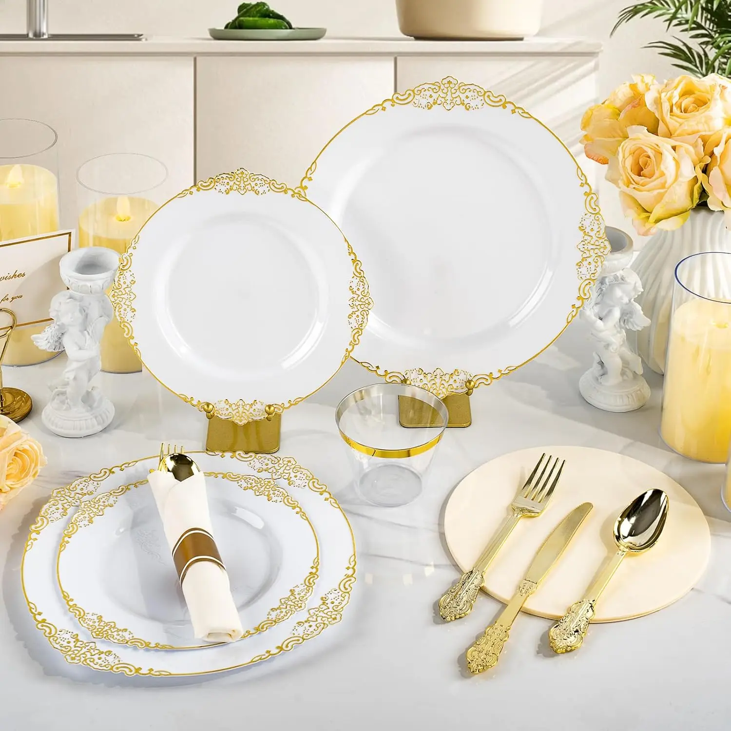 350PCS Gold Plastic Plates for 50 Guests, Disposable Dinnerware Sets Include 100 Gold Rim Plastic Plates, 50 Silverwares