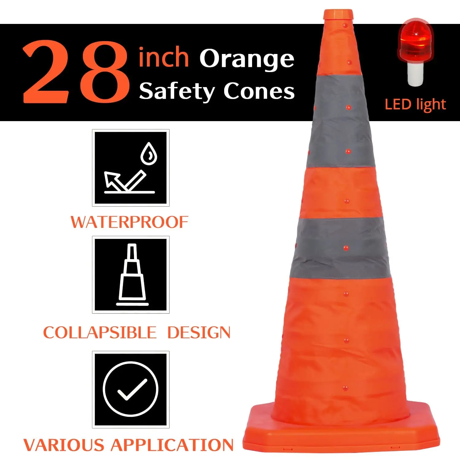 4 Pack 28 inch Collapsible Traffic Cones with LED Light, Safety Cones with Reflective Collars, Multi Purpose Pop Up Extendable