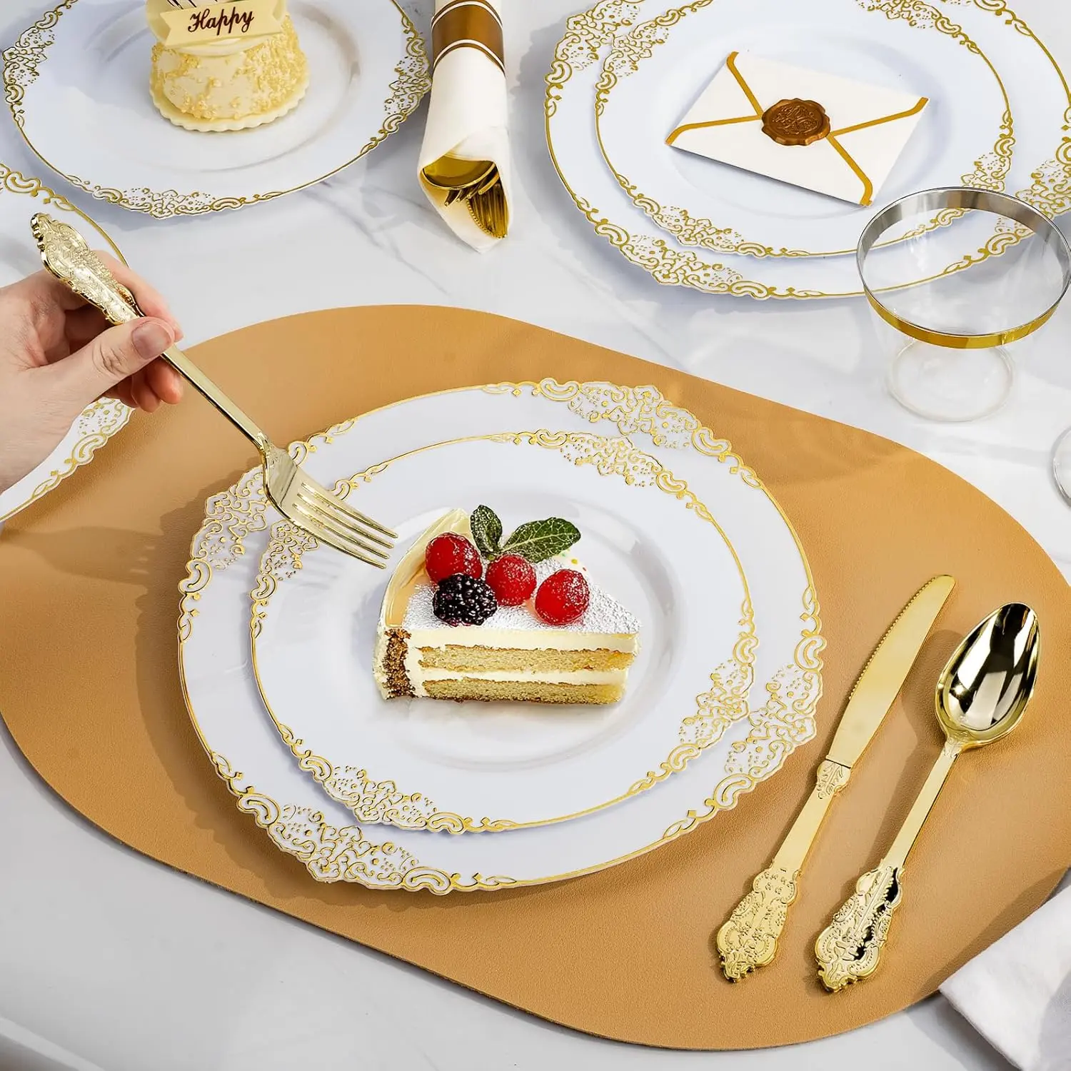 350PCS Gold Plastic Plates for 50 Guests, Disposable Dinnerware Sets Include 100 Gold Rim Plastic Plates, 50 Silverwares
