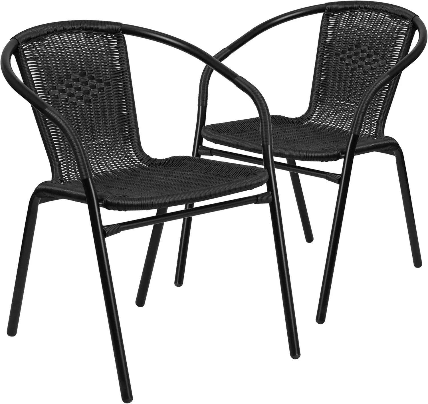 2 Pack Black Rattan Indoor-Outdoor Restaurant Stack Chair with Curved Back