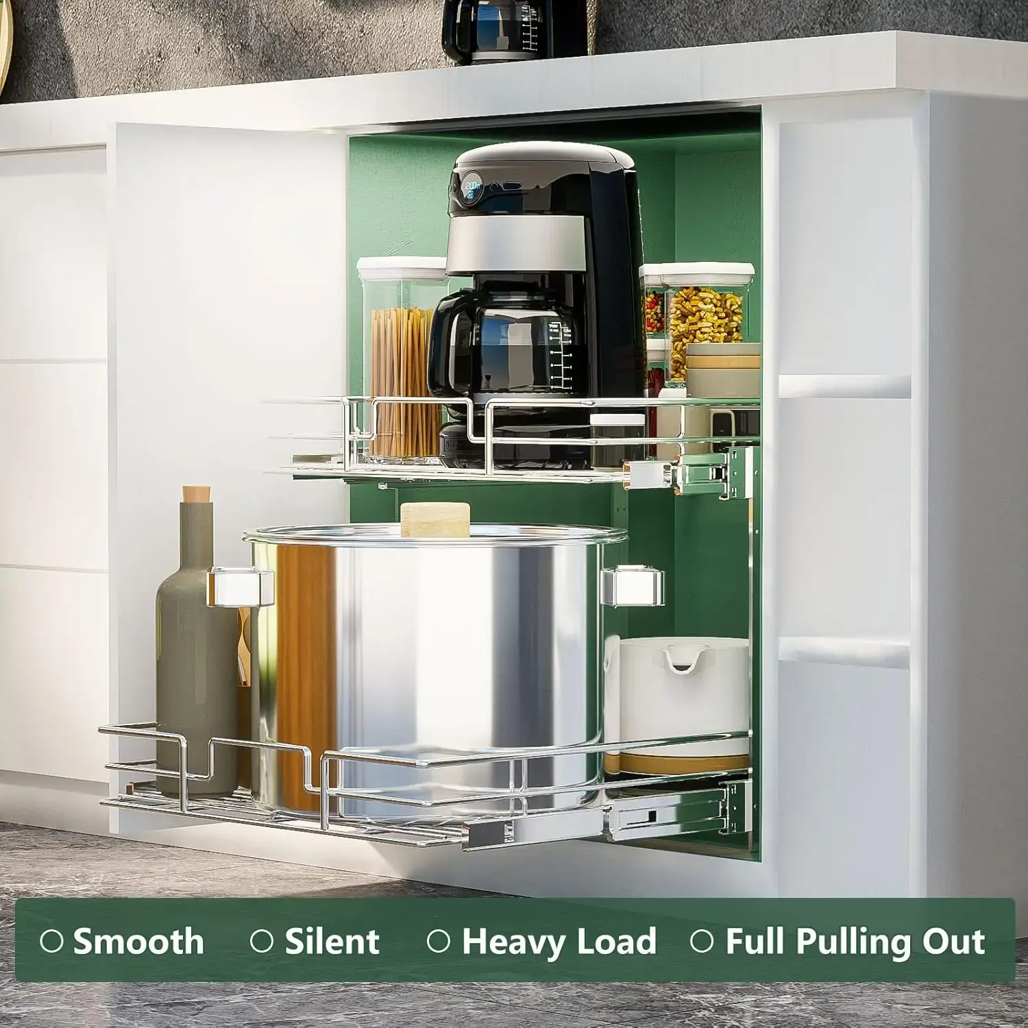 2 Tier Individual Pull Out Cabinet Organizer 14" W x 21" D, Slide Out Kitchen Cabinet Storage Sliding Shelves