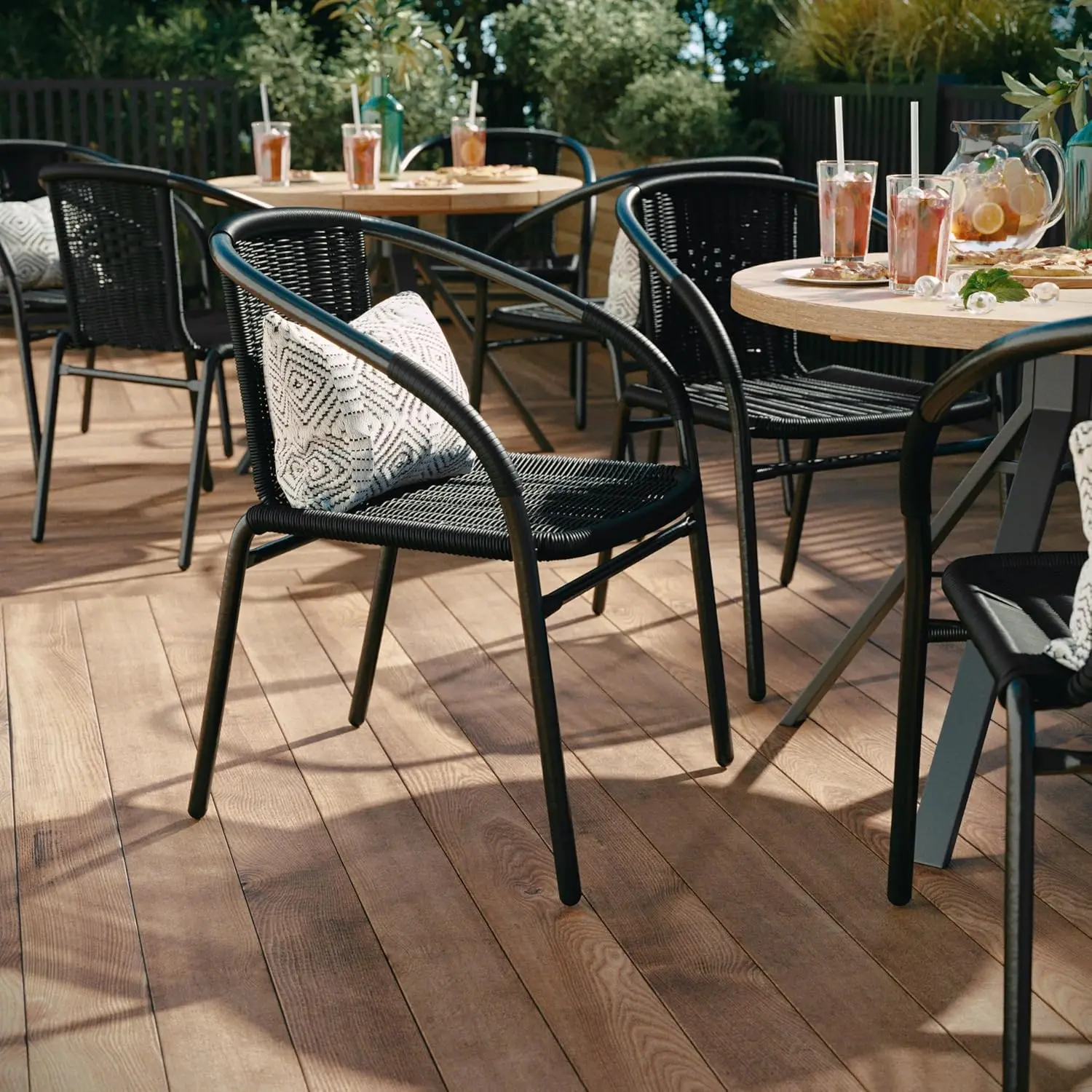 2 Pack Black Rattan Indoor-Outdoor Restaurant Stack Chair with Curved Back