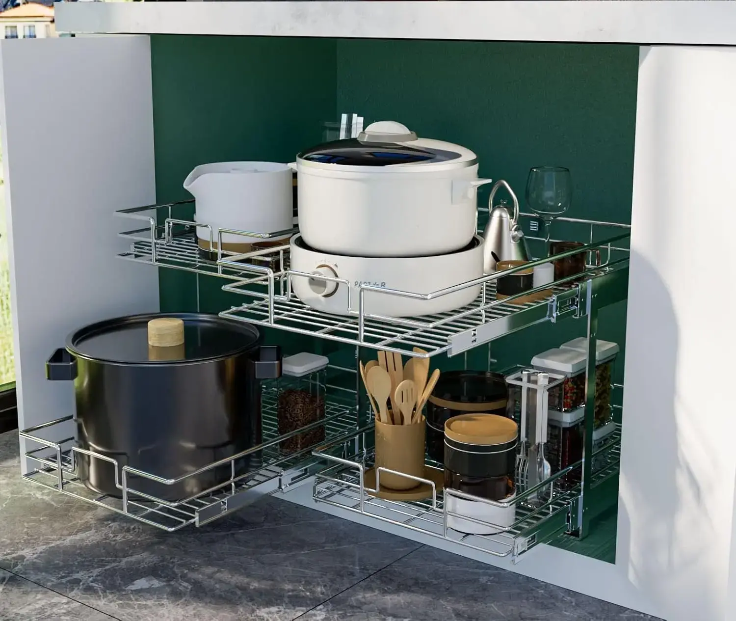 2 Tier Individual Pull Out Cabinet Organizer 14" W x 21" D, Slide Out Kitchen Cabinet Storage Sliding Shelves