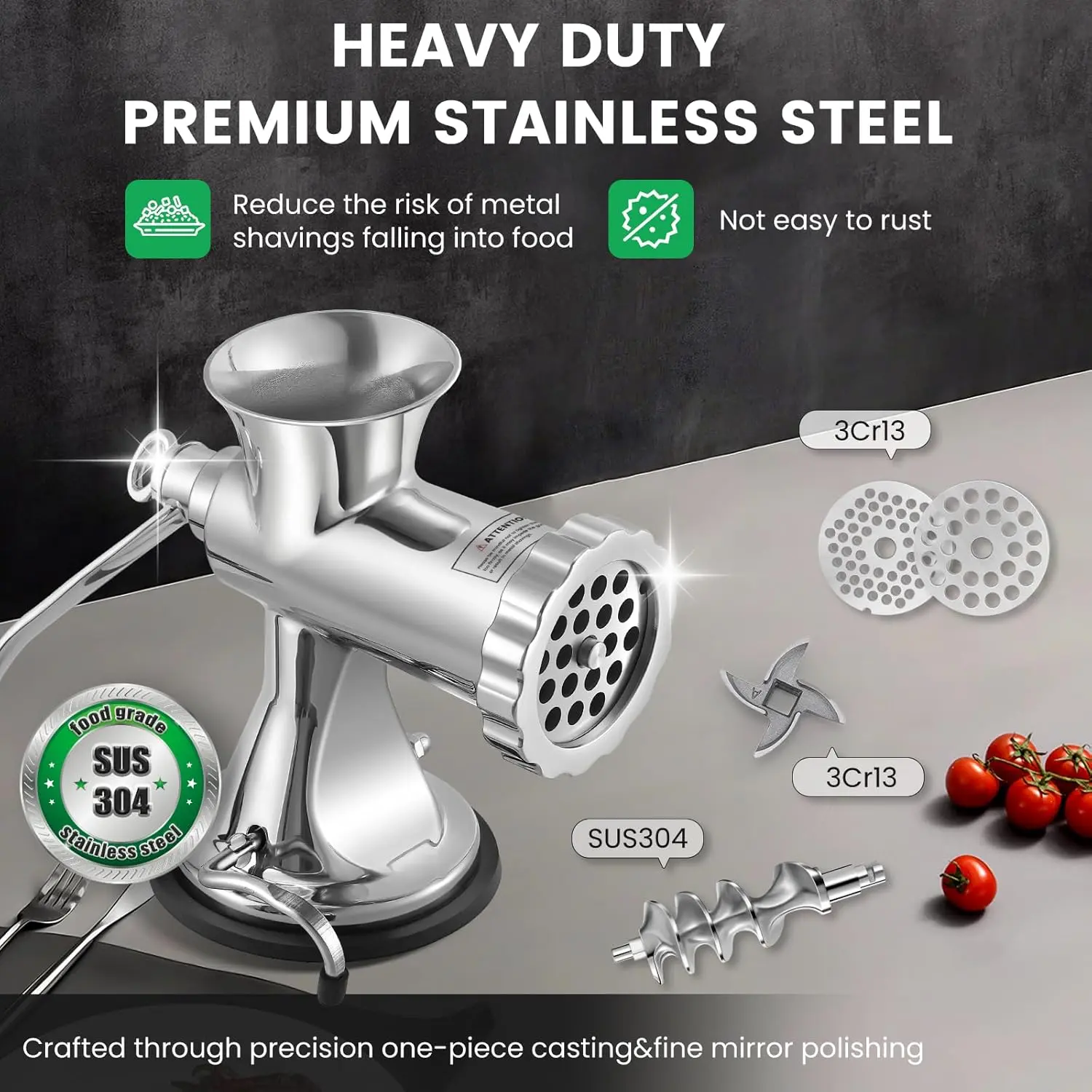 Manual Meat Grinder - Heavy Duty Stainless Steel, Effortless Hand Crank for Fresh Ground Beef, Sausages & Pet Food - Compact,