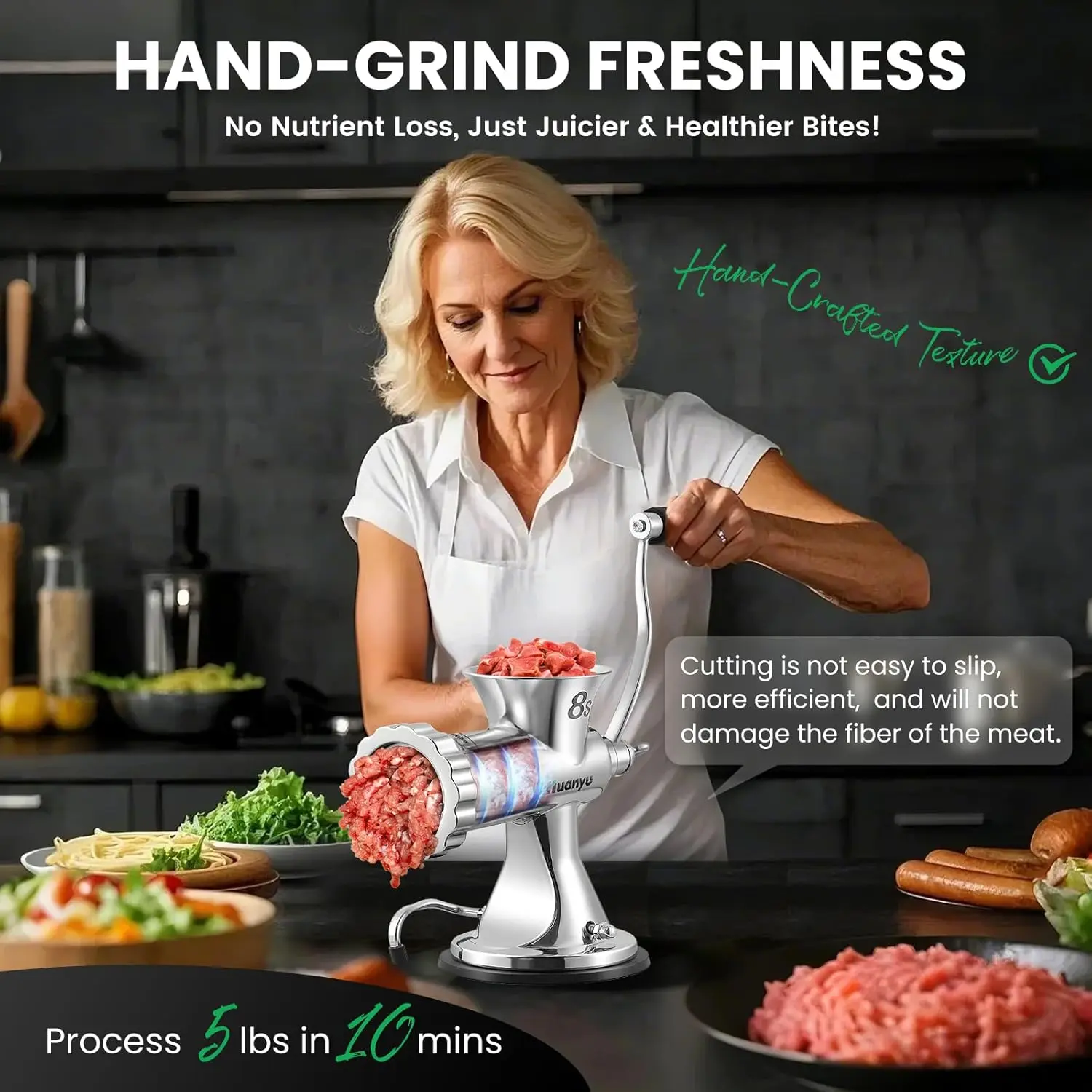 Manual Meat Grinder - Heavy Duty Stainless Steel, Effortless Hand Crank for Fresh Ground Beef, Sausages & Pet Food - Compact,