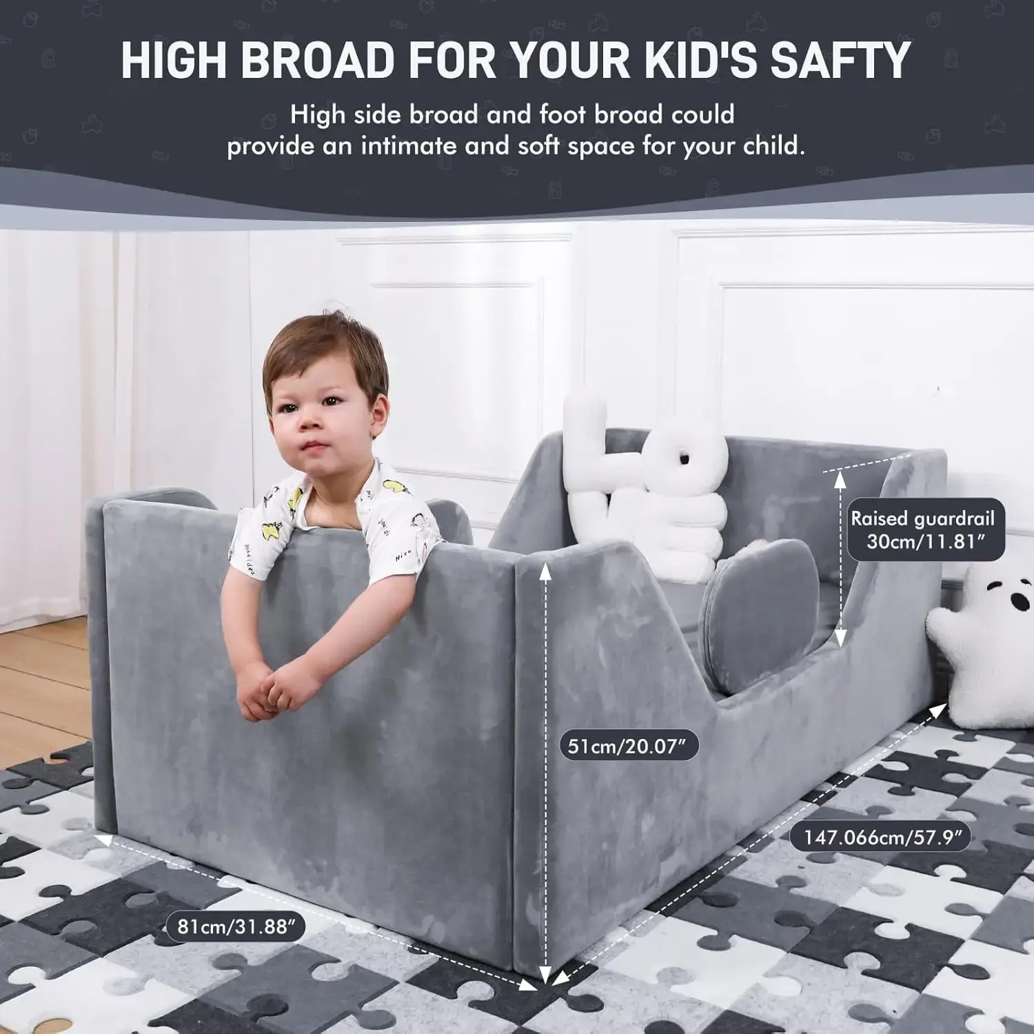 Toddler Bed, Child Bed for Kids with Extra Safty Broad, Standard Crib Size Bed, Certified Fabric Toddler Beds