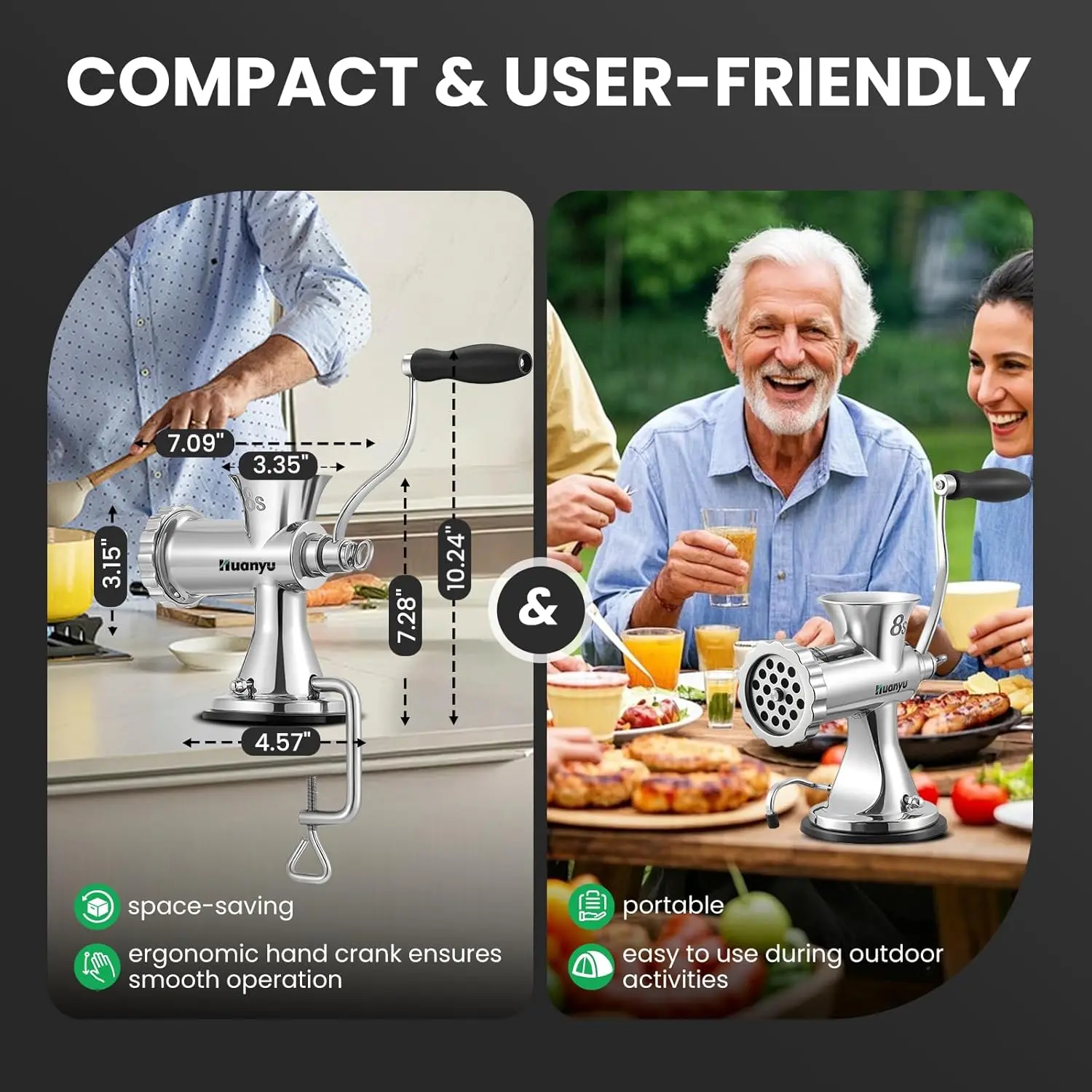 Manual Meat Grinder - Heavy Duty Stainless Steel, Effortless Hand Crank for Fresh Ground Beef, Sausages & Pet Food - Compact,