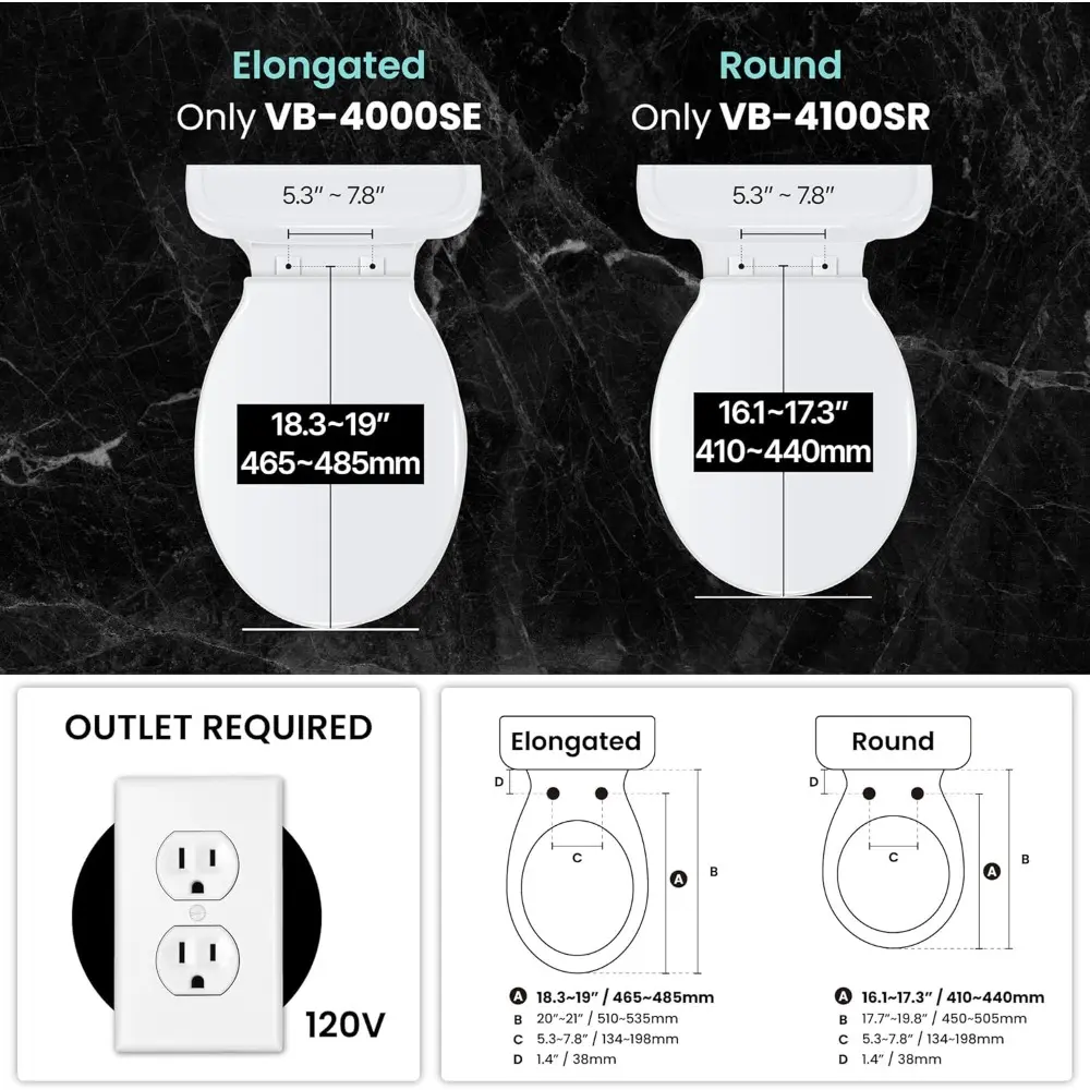 VOVO VB-4100SR Round Bidet Toilet Seat, Warm Water, LED Light, Heated Seat, White, Deodorizer, Dryer, Stainless Steel Nozzle, Ma