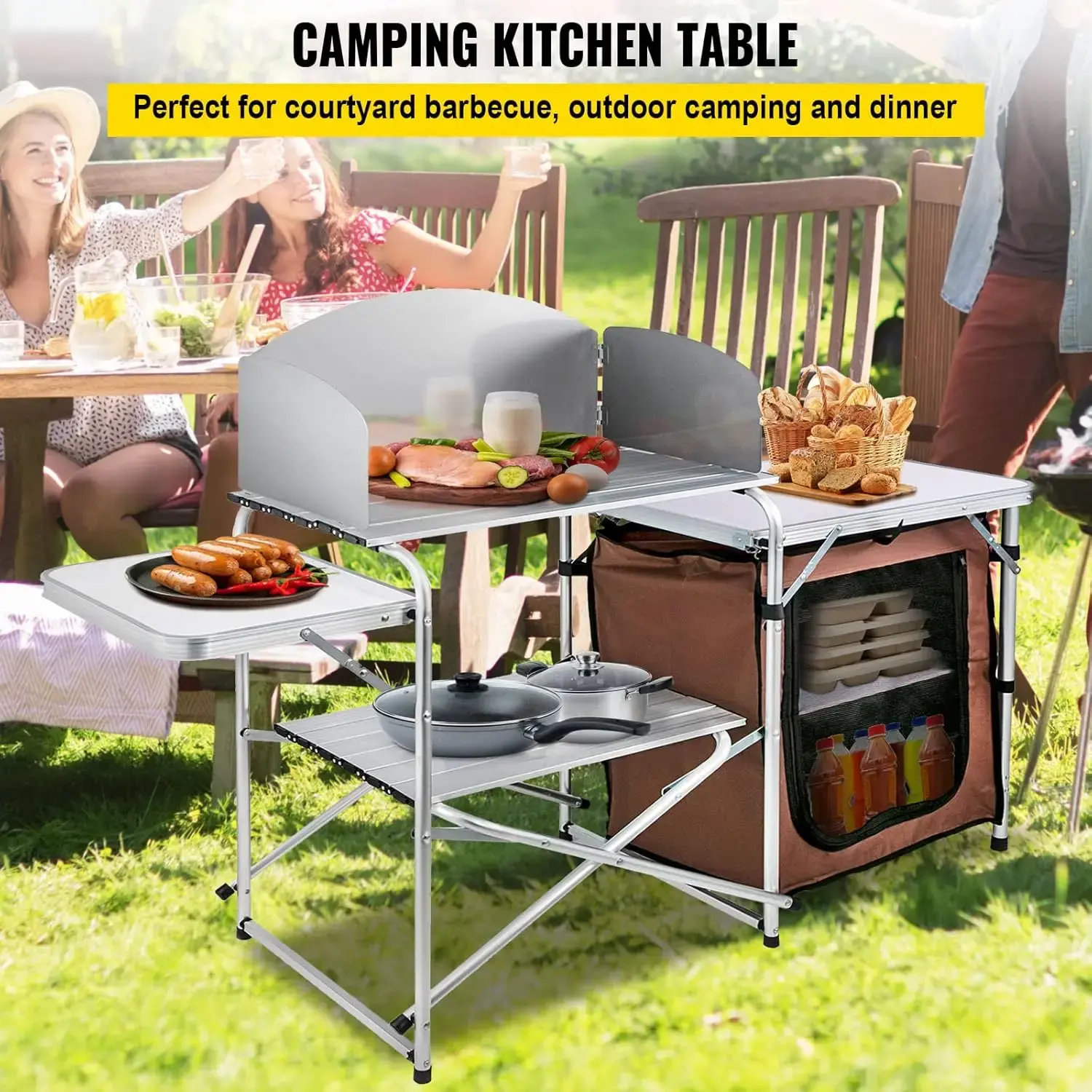 Camping Kitchen Table, Aluminum Portable Folding Camp Cook Station with Windscreen, Cupboard, Storage Organizer, Carrying Bag