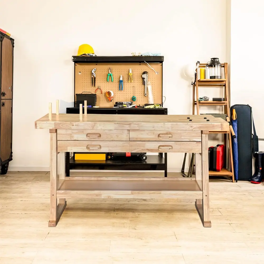 60-Inch Rubber Hardwood Workbench with 4-Drawers - 450lbs Weight Capacity Heavy Duty Portable Wood Work Bench Table for Garage,