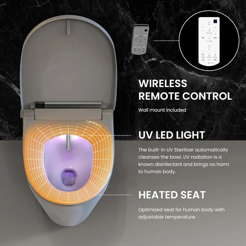 VOVO VB-4100SR Round Bidet Toilet Seat, Warm Water, LED Light, Heated Seat, White, Deodorizer, Dryer, Stainless Steel Nozzle, Ma