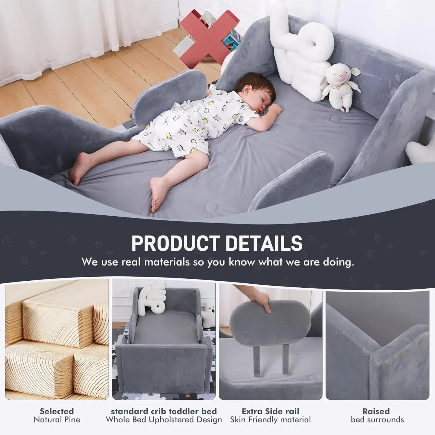 Toddler Bed, Child Bed for Kids with Extra Safty Broad, Standard Crib Size Bed, Certified Fabric Toddler Beds