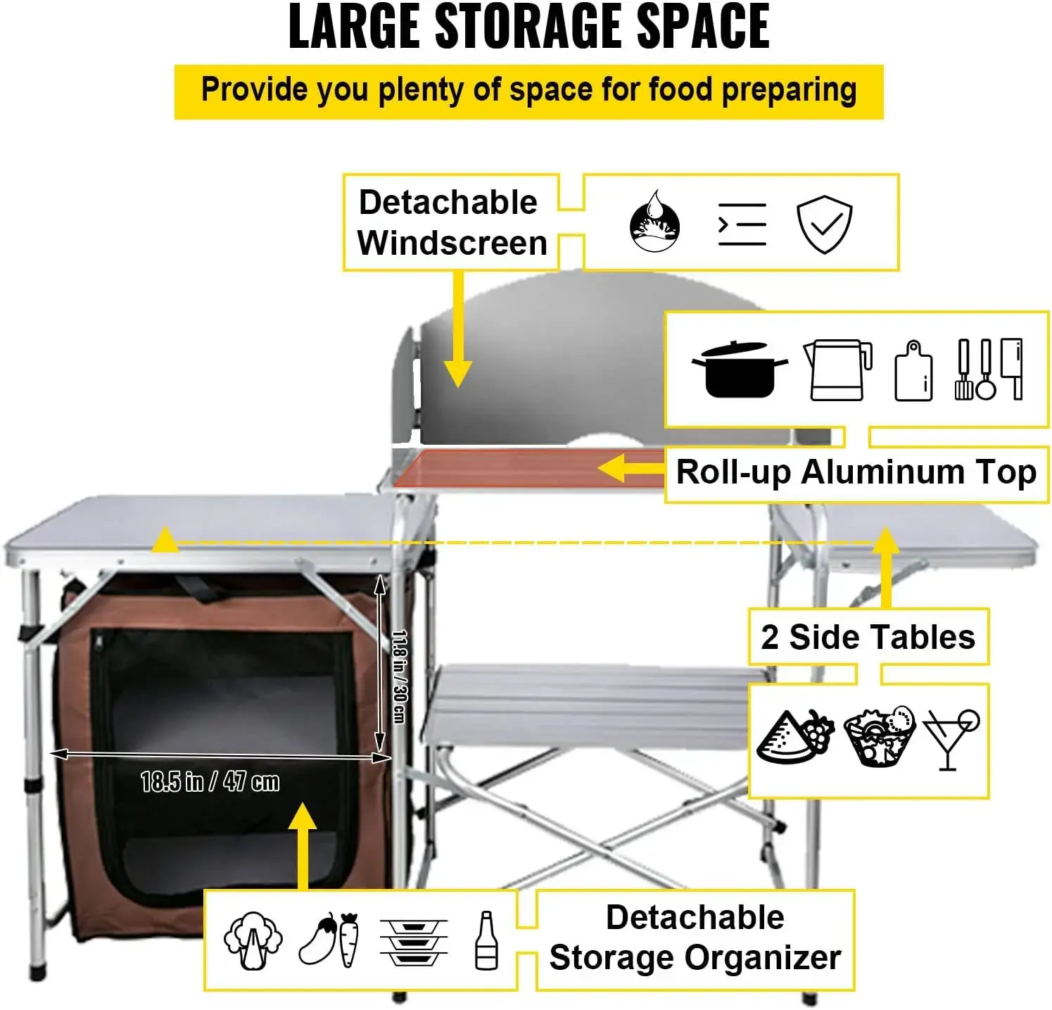 Camping Kitchen Table, Aluminum Portable Folding Camp Cook Station with Windscreen, Cupboard, Storage Organizer, Carrying Bag