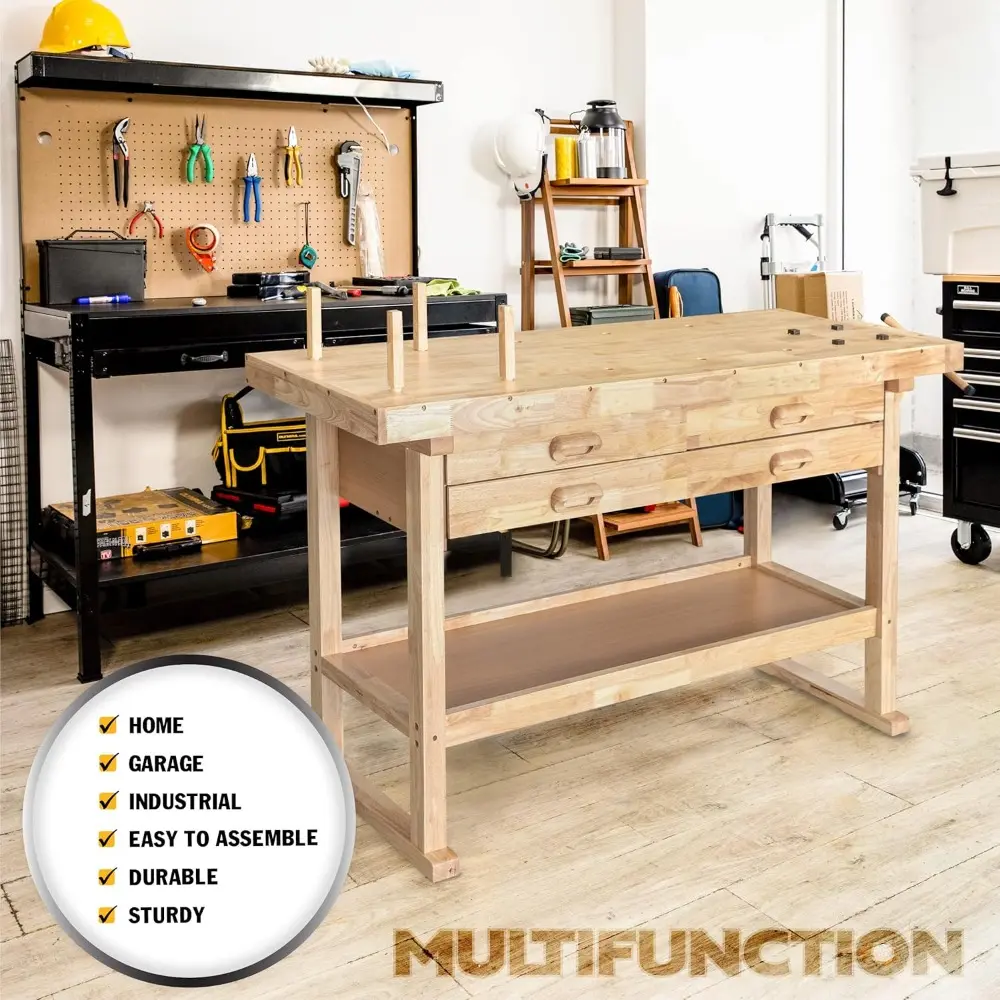60-Inch Rubber Hardwood Workbench with 4-Drawers - 450lbs Weight Capacity Heavy Duty Portable Wood Work Bench Table for Garage,