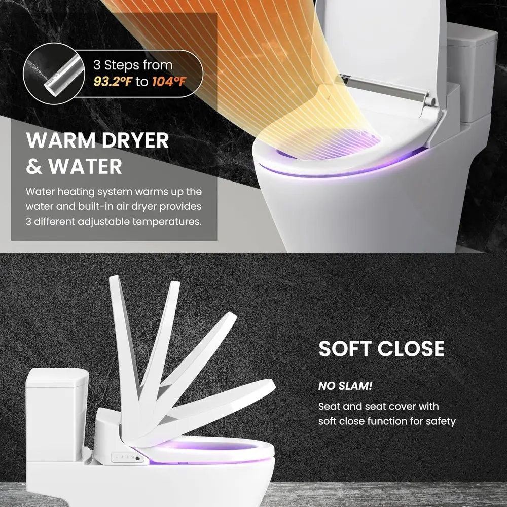 VOVO VB-4100SR Round Bidet Toilet Seat, Warm Water, LED Light, Heated Seat, White, Deodorizer, Dryer, Stainless Steel Nozzle, Ma