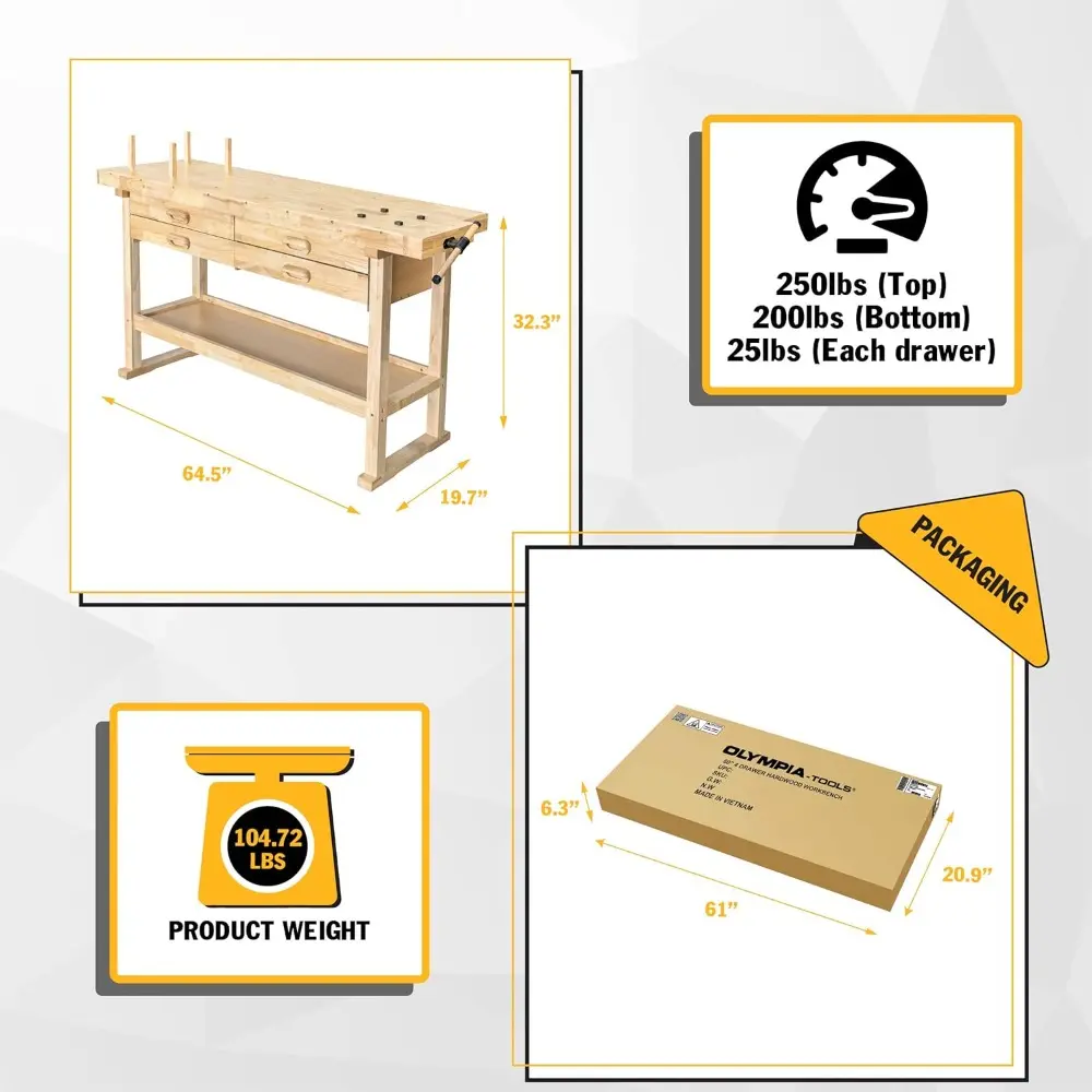 60-Inch Rubber Hardwood Workbench with 4-Drawers - 450lbs Weight Capacity Heavy Duty Portable Wood Work Bench Table for Garage,