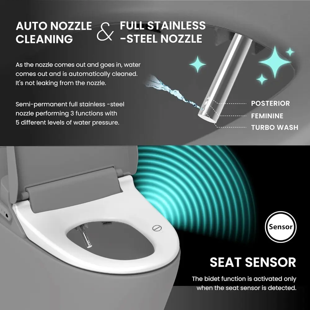 VOVO VB-4100SR Round Bidet Toilet Seat, Warm Water, LED Light, Heated Seat, White, Deodorizer, Dryer, Stainless Steel Nozzle, Ma