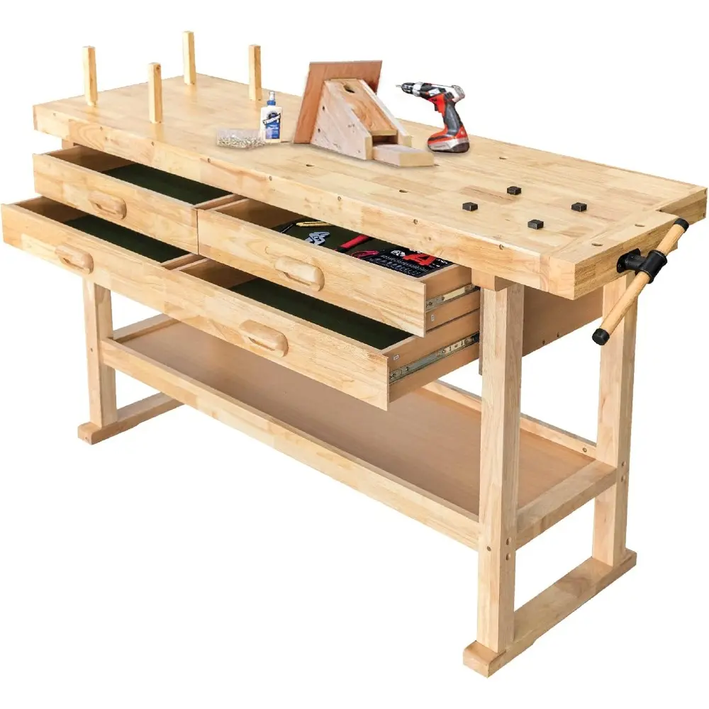 60-Inch Rubber Hardwood Workbench with 4-Drawers - 450lbs Weight Capacity Heavy Duty Portable Wood Work Bench Table for Garage,