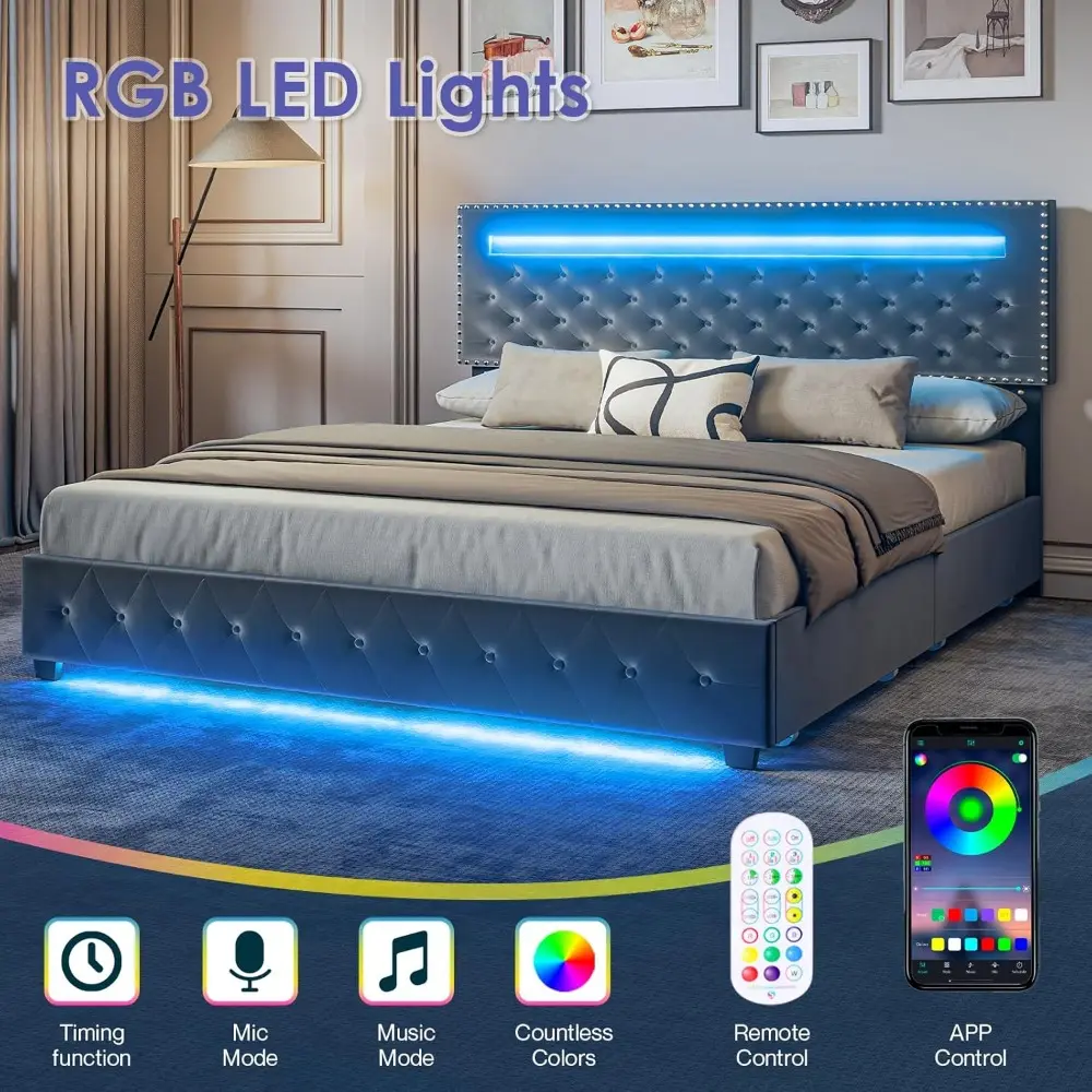 BedsPick Queen Size Bed Frame with LED Lights, Velvet Upholstered Platform Queen Bed Frame with 4 Storage Drawers and Adjustable