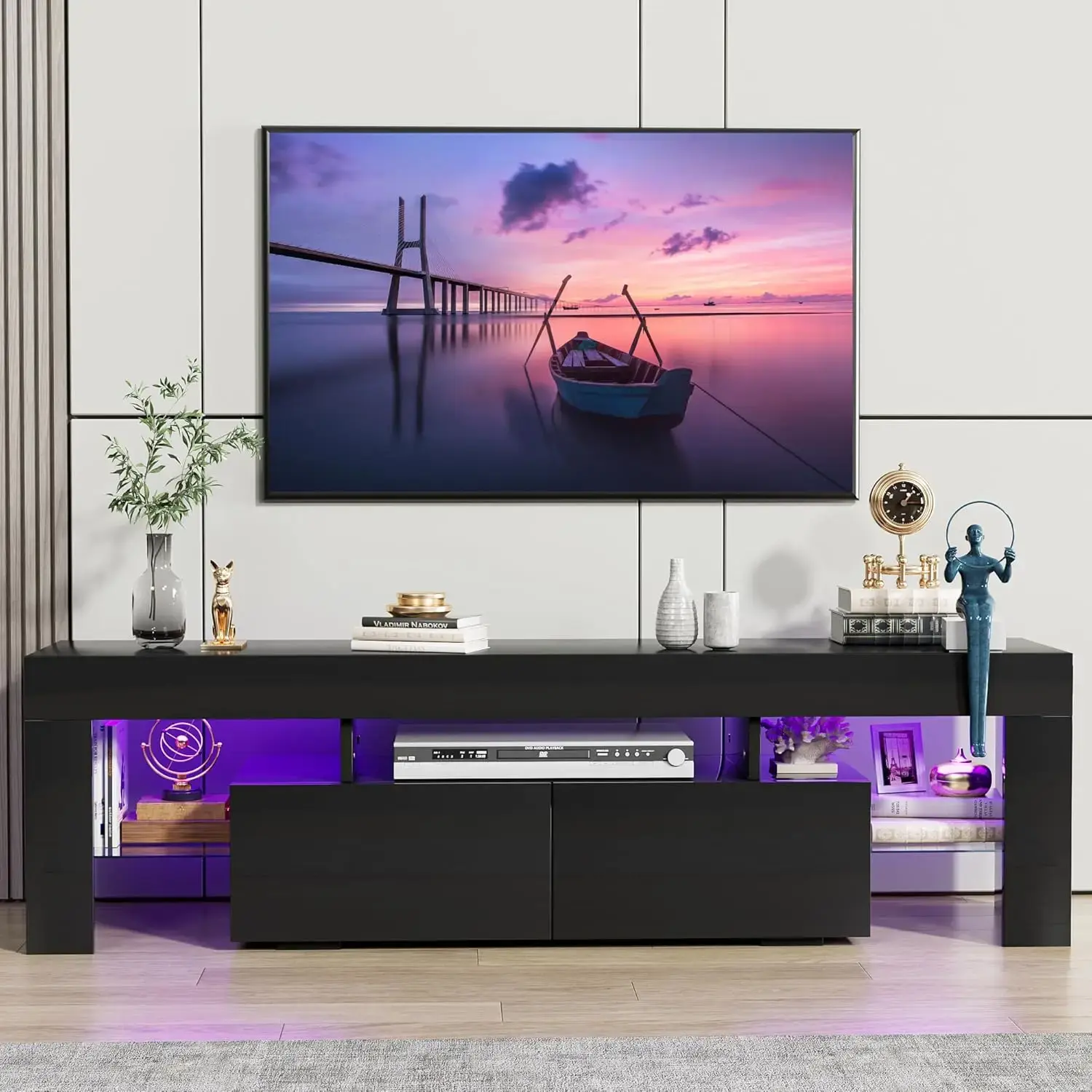 Modern Lighting TV Cabinet Entertainment Center Media and Open Shelf, TV Console Table with 1 Drawer and Remote Control