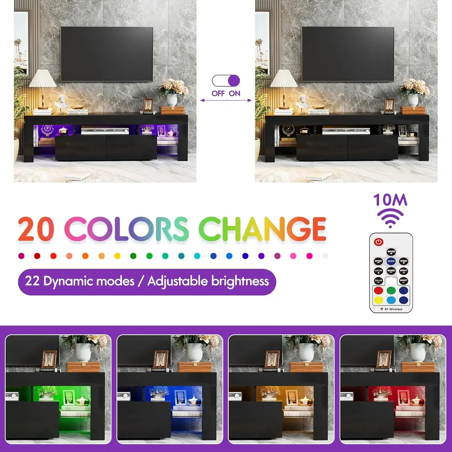 Modern Lighting TV Cabinet Entertainment Center Media and Open Shelf, TV Console Table with 1 Drawer and Remote Control