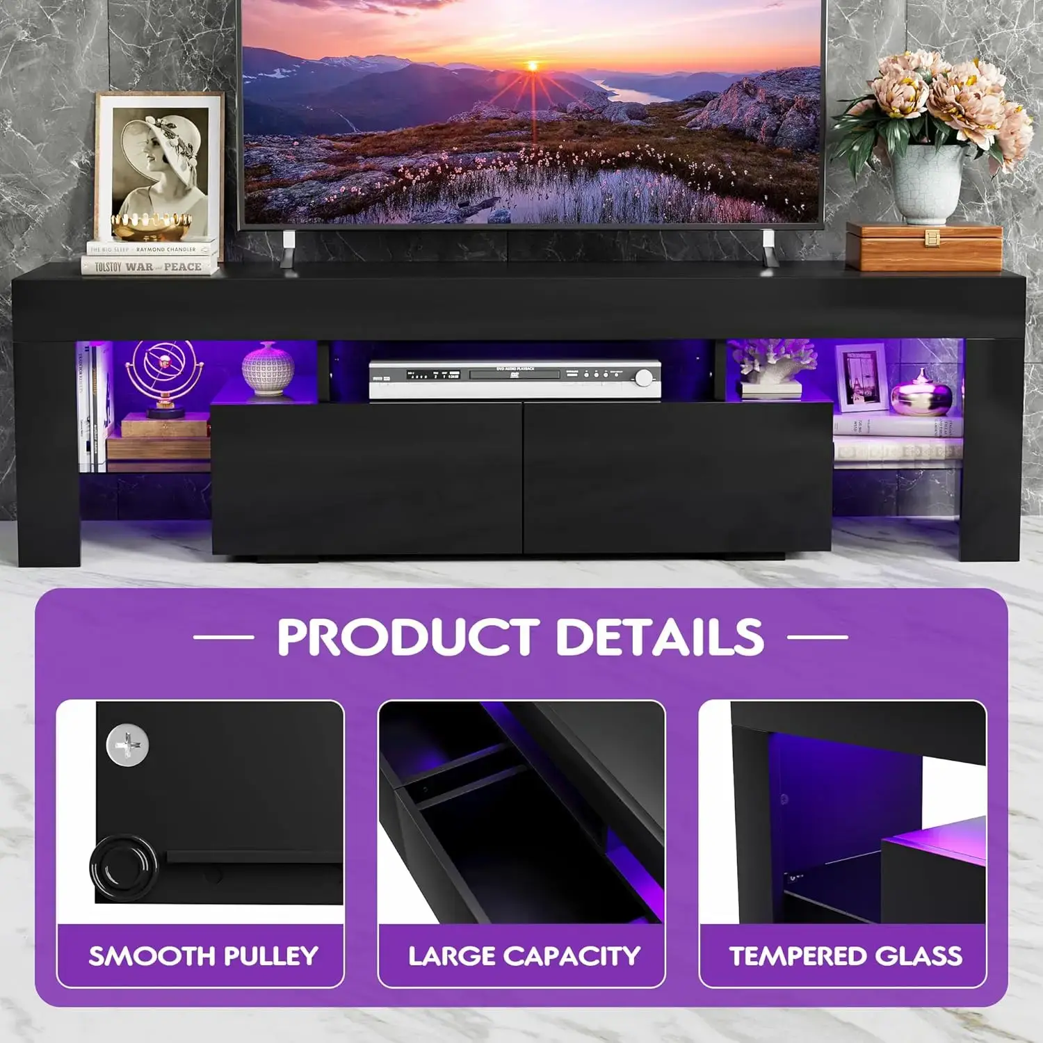 Modern Lighting TV Cabinet Entertainment Center Media and Open Shelf, TV Console Table with 1 Drawer and Remote Control