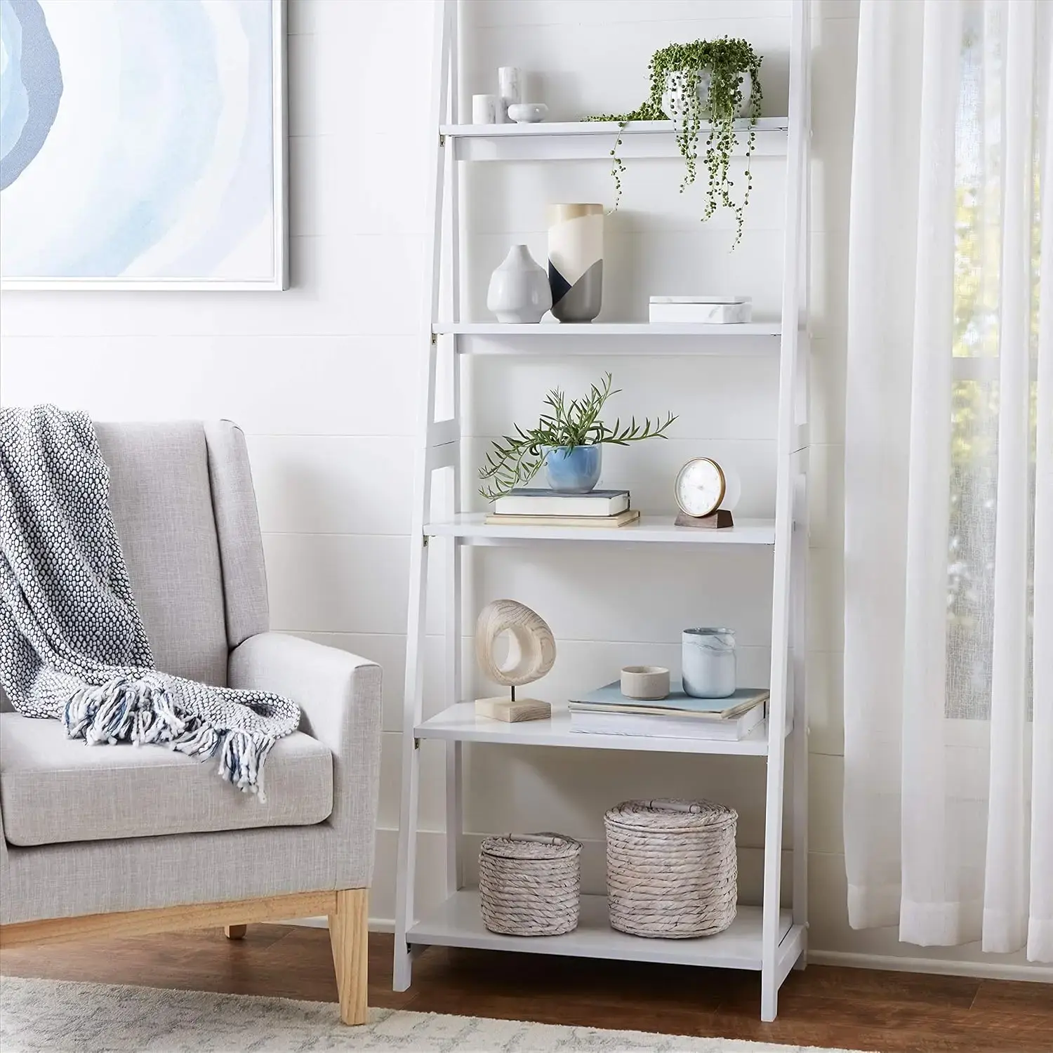 Ladder Bookshelf Organizer, 5-Tier, Solid Rubberwood Frame, White Finish, 14 D x 24.8 W x 70.1 H in