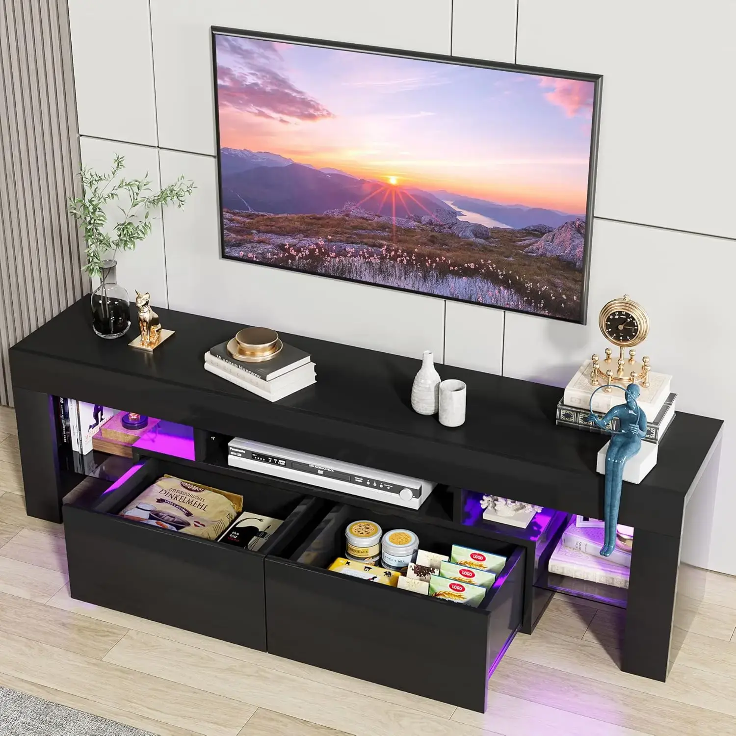 Modern Lighting TV Cabinet Entertainment Center Media and Open Shelf, TV Console Table with 1 Drawer and Remote Control