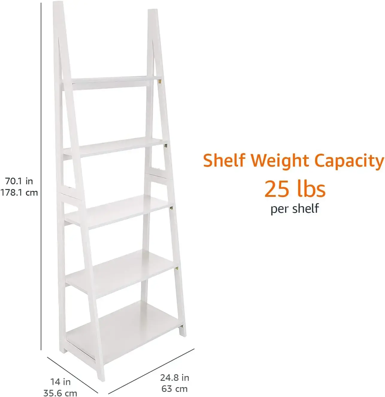 Ladder Bookshelf Organizer, 5-Tier, Solid Rubberwood Frame, White Finish, 14 D x 24.8 W x 70.1 H in