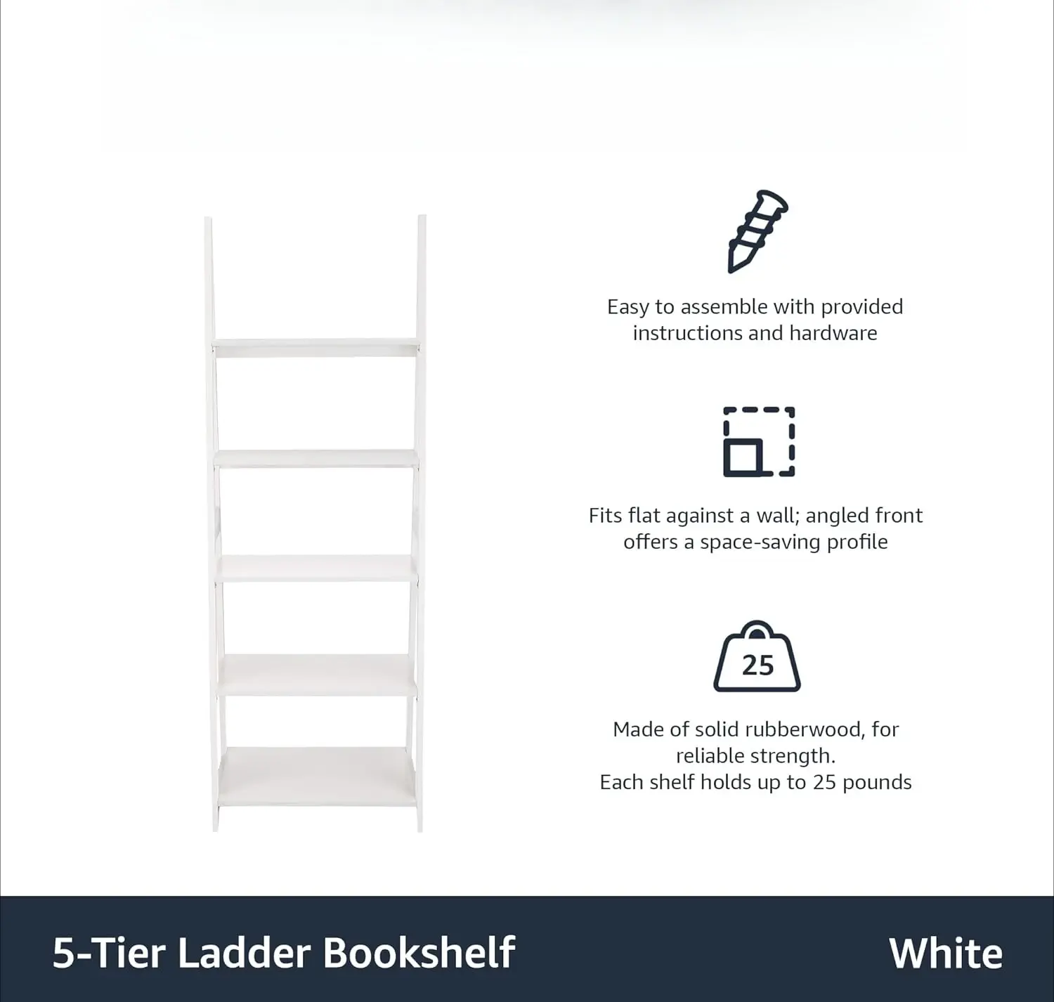 Ladder Bookshelf Organizer, 5-Tier, Solid Rubberwood Frame, White Finish, 14 D x 24.8 W x 70.1 H in