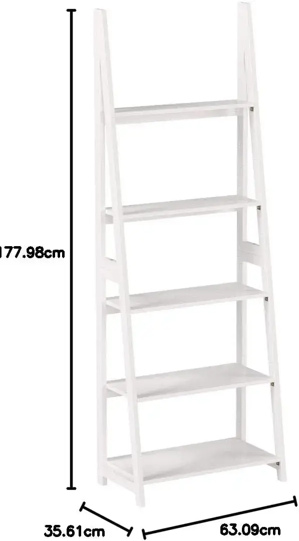 Ladder Bookshelf Organizer, 5-Tier, Solid Rubberwood Frame, White Finish, 14 D x 24.8 W x 70.1 H in