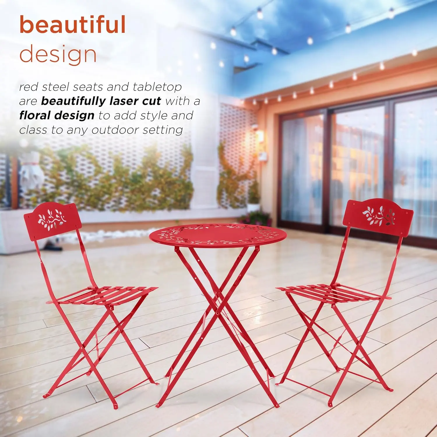 Indoor/Outdoor 3-Piece Bistro Set Folding Table and Chairs Patio Seating, Red