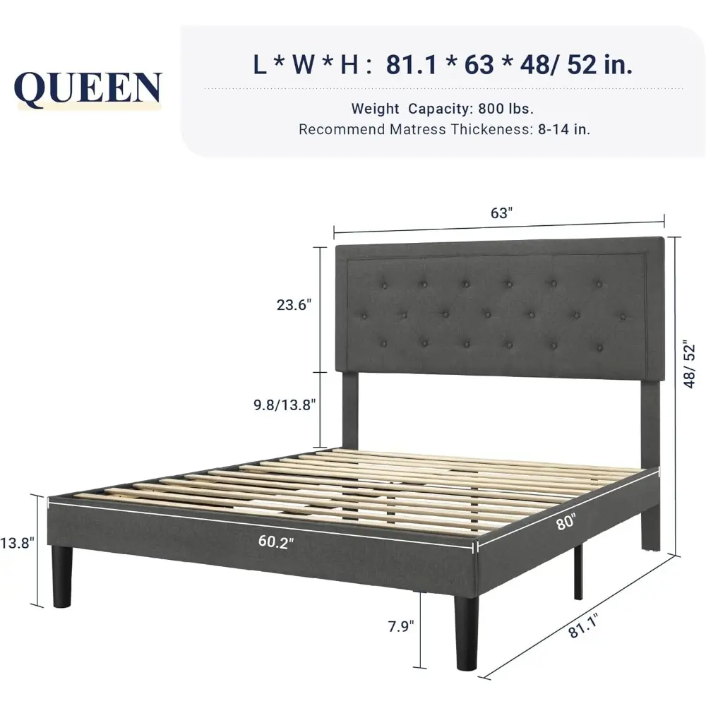 Allewie Queen Size Button Tufted/Fabric Upholstered Bed Frame with Adjustable Headboard/Wood Slat Support/Mattress Foundation/Da