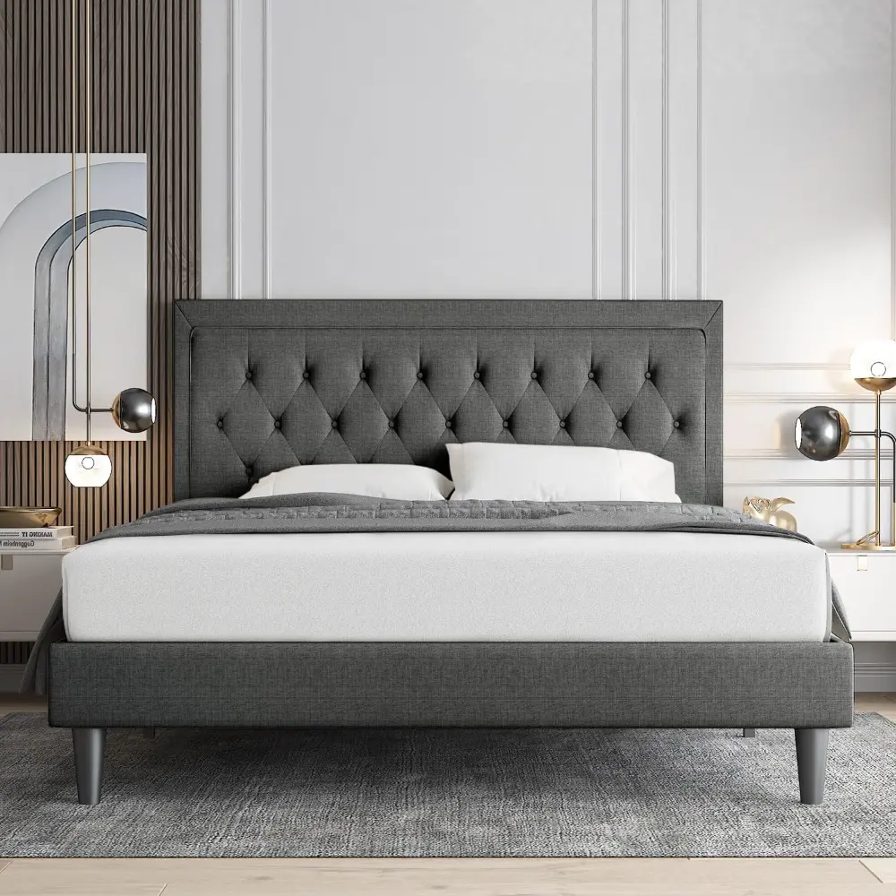 Allewie Queen Size Button Tufted/Fabric Upholstered Bed Frame with Adjustable Headboard/Wood Slat Support/Mattress Foundation/Da