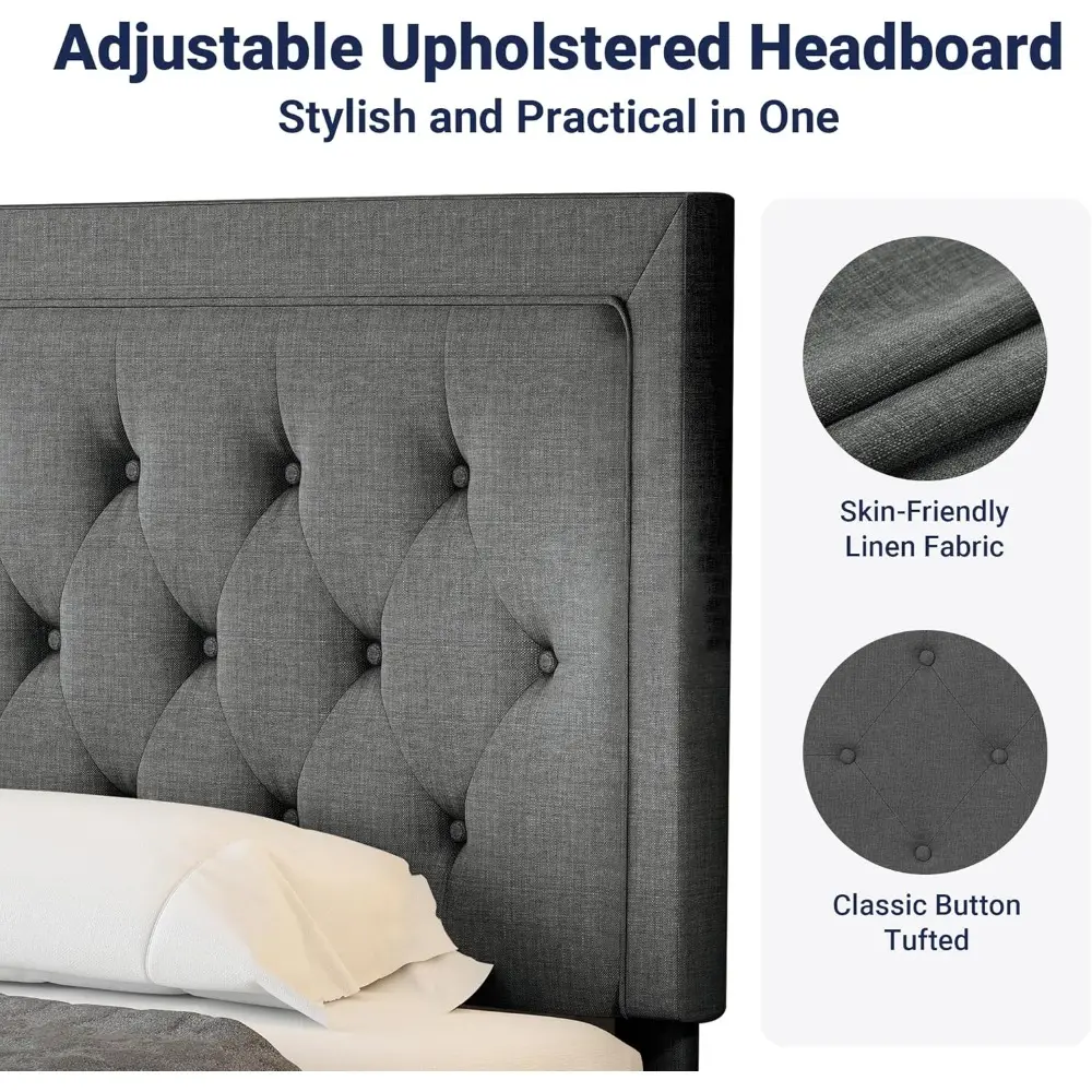 Allewie Queen Size Button Tufted/Fabric Upholstered Bed Frame with Adjustable Headboard/Wood Slat Support/Mattress Foundation/Da