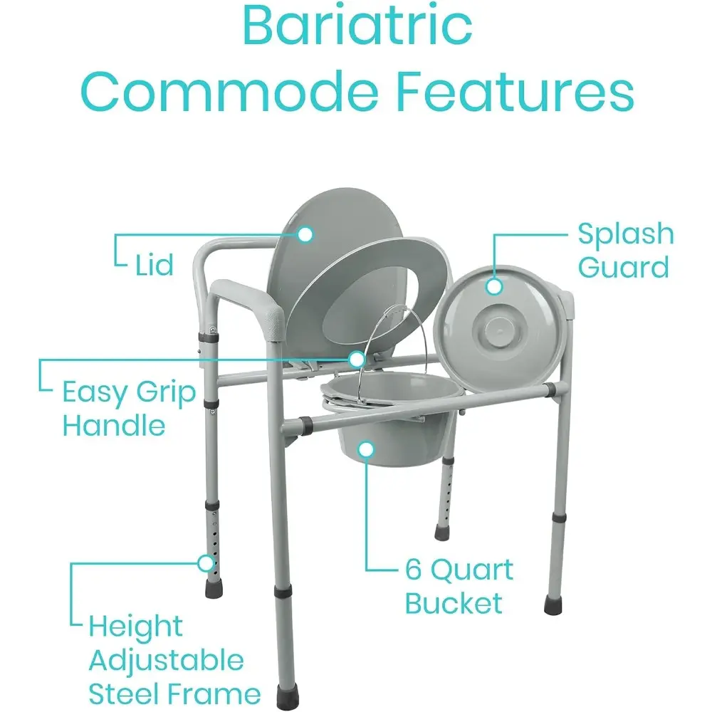 Vive Bariatric Bedside Commode 500 lb Capacity- Folding 3n1 Toilet Chair, Portable Extra Wide Seat with Bucket Splash Guard, Hea