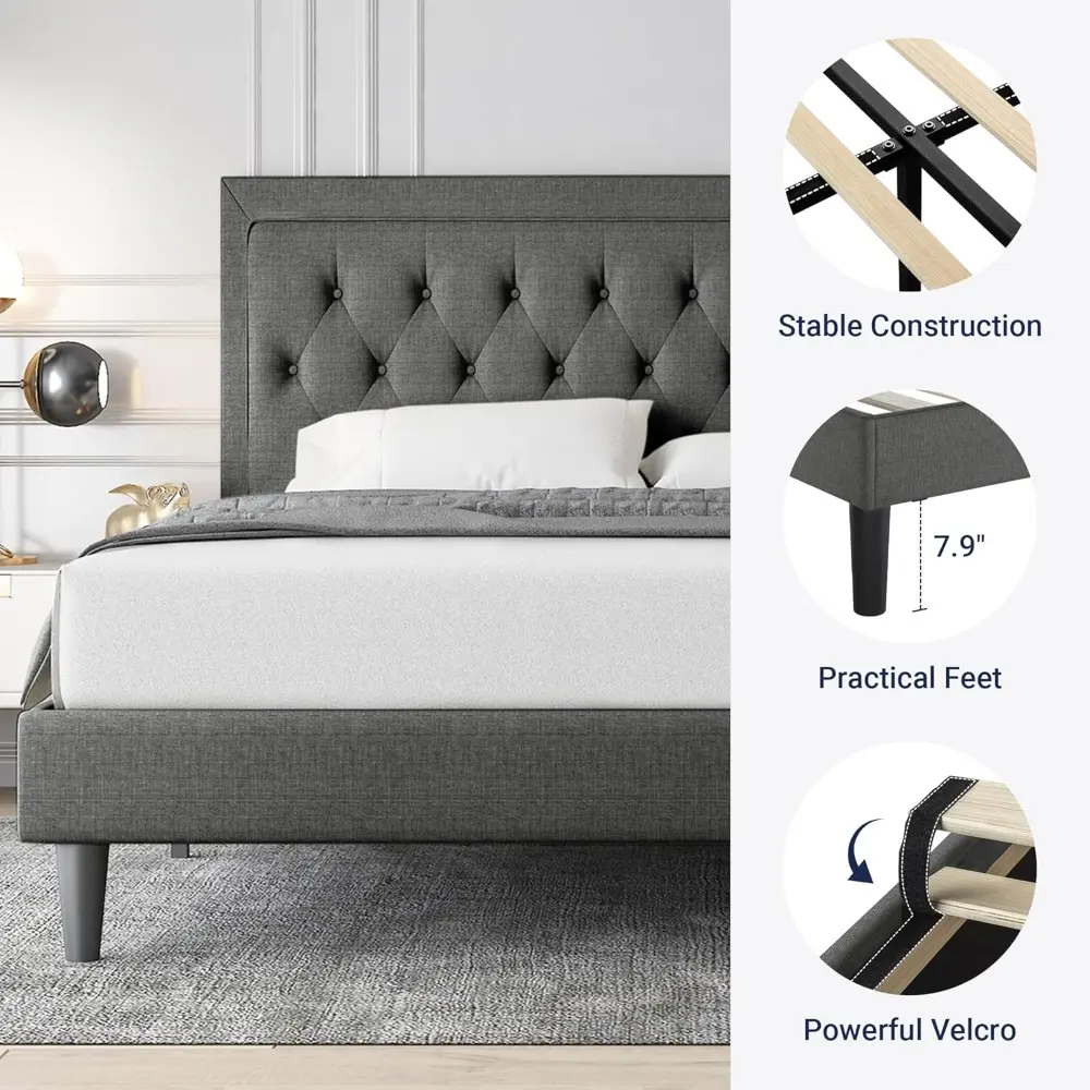 Allewie Queen Size Button Tufted/Fabric Upholstered Bed Frame with Adjustable Headboard/Wood Slat Support/Mattress Foundation/Da