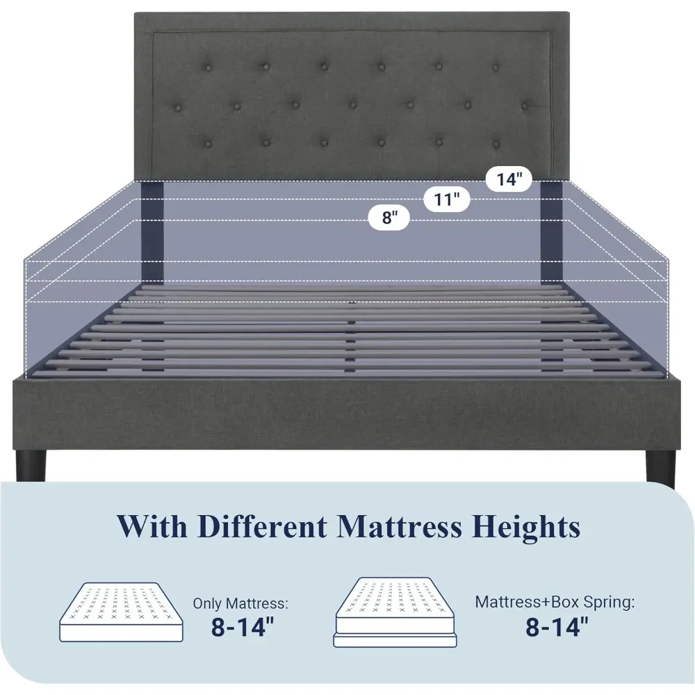 Allewie Queen Size Button Tufted/Fabric Upholstered Bed Frame with Adjustable Headboard/Wood Slat Support/Mattress Foundation/Da